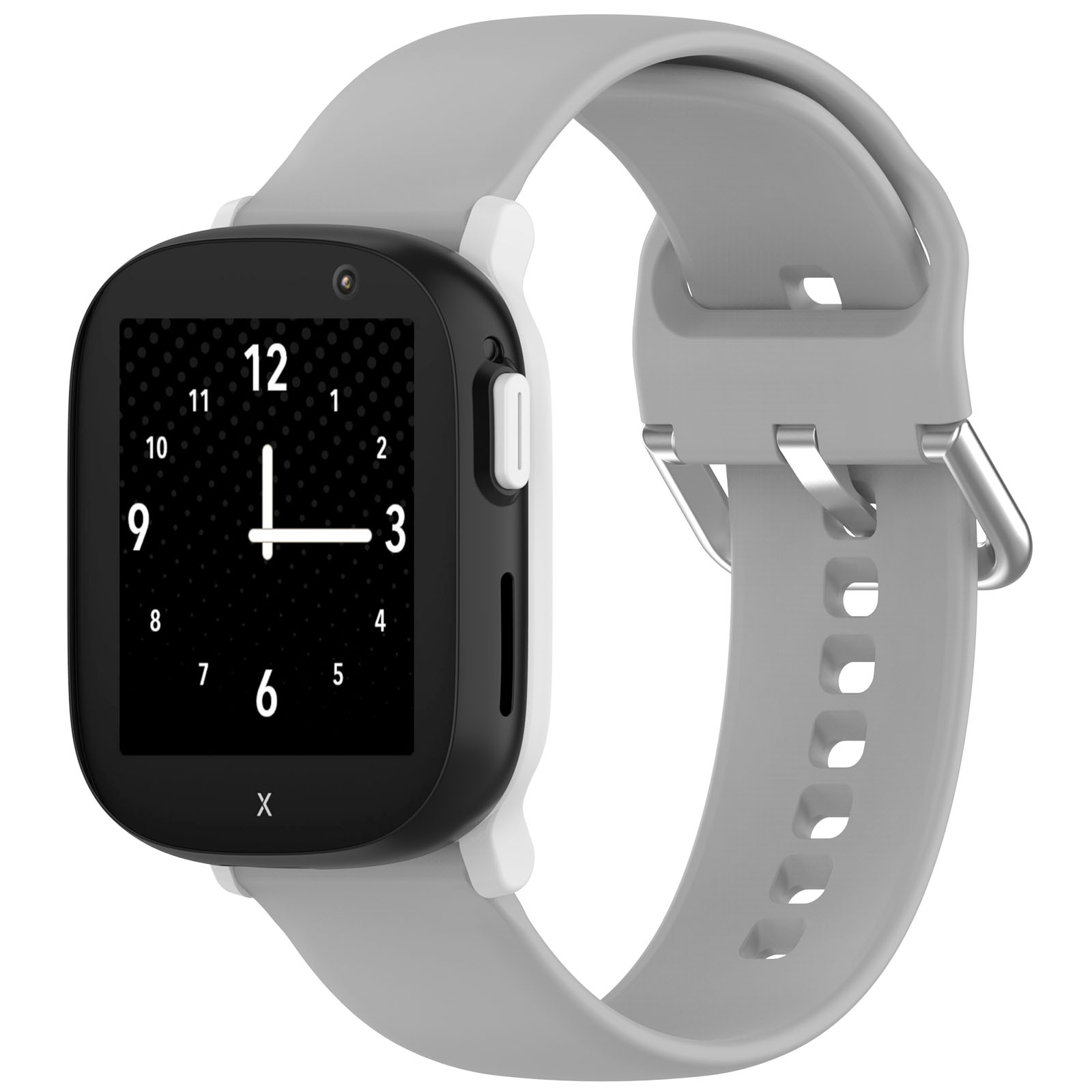 Schwarz-graue Smartwatch mit weißem Armband. Zifferblatt zeigt Zeit und Zahlen.