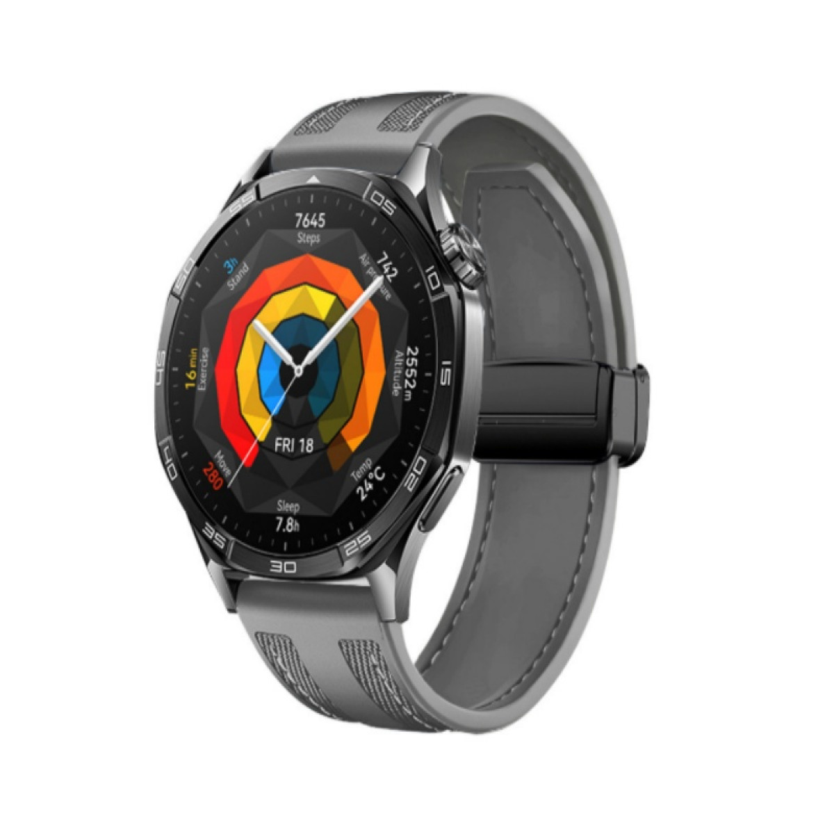 Smartwatch nera e grigia con quadrante rotondo e cinturino grigio.