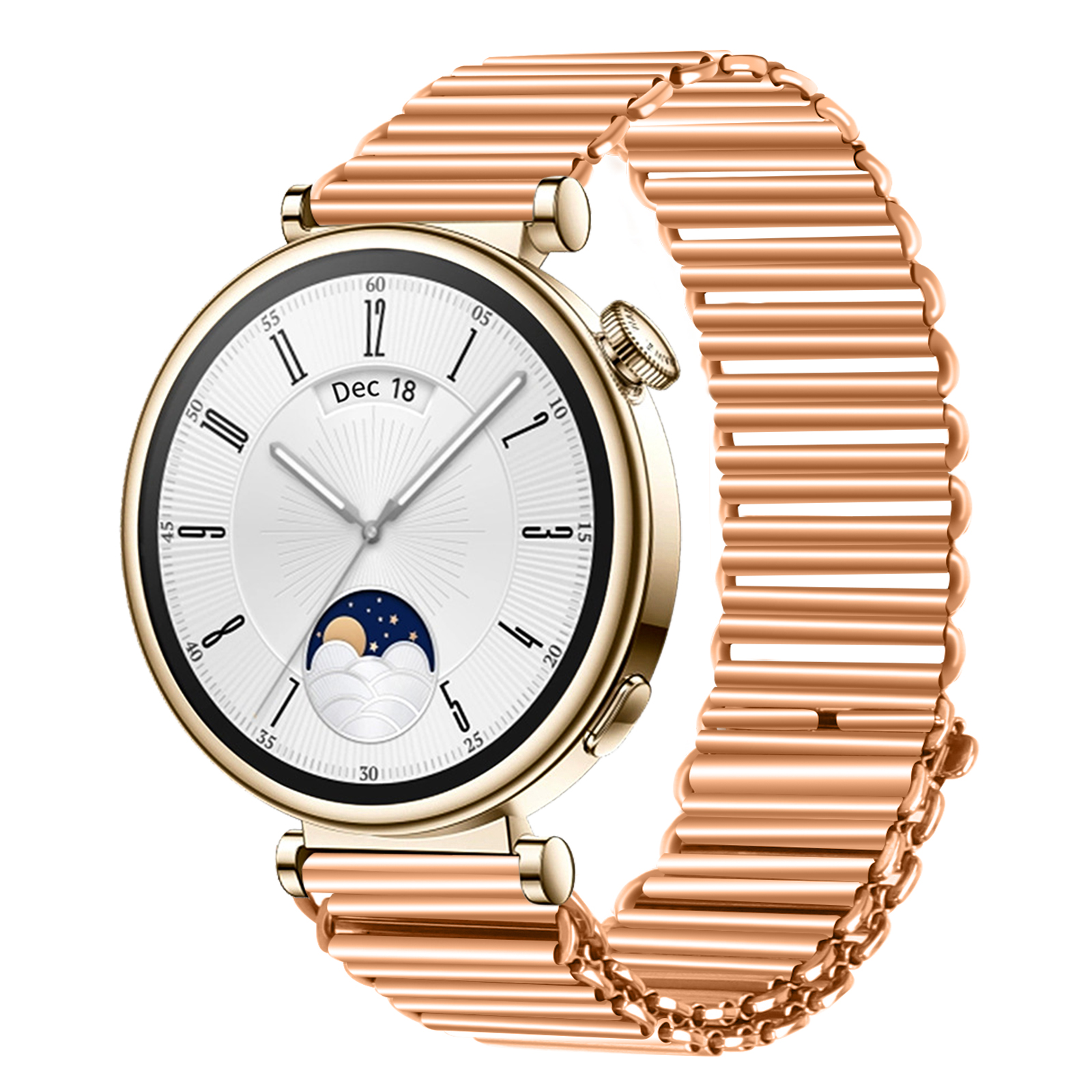 Smartwatch color oro con quadrante bianco, data e ora, e cinturino color oro.