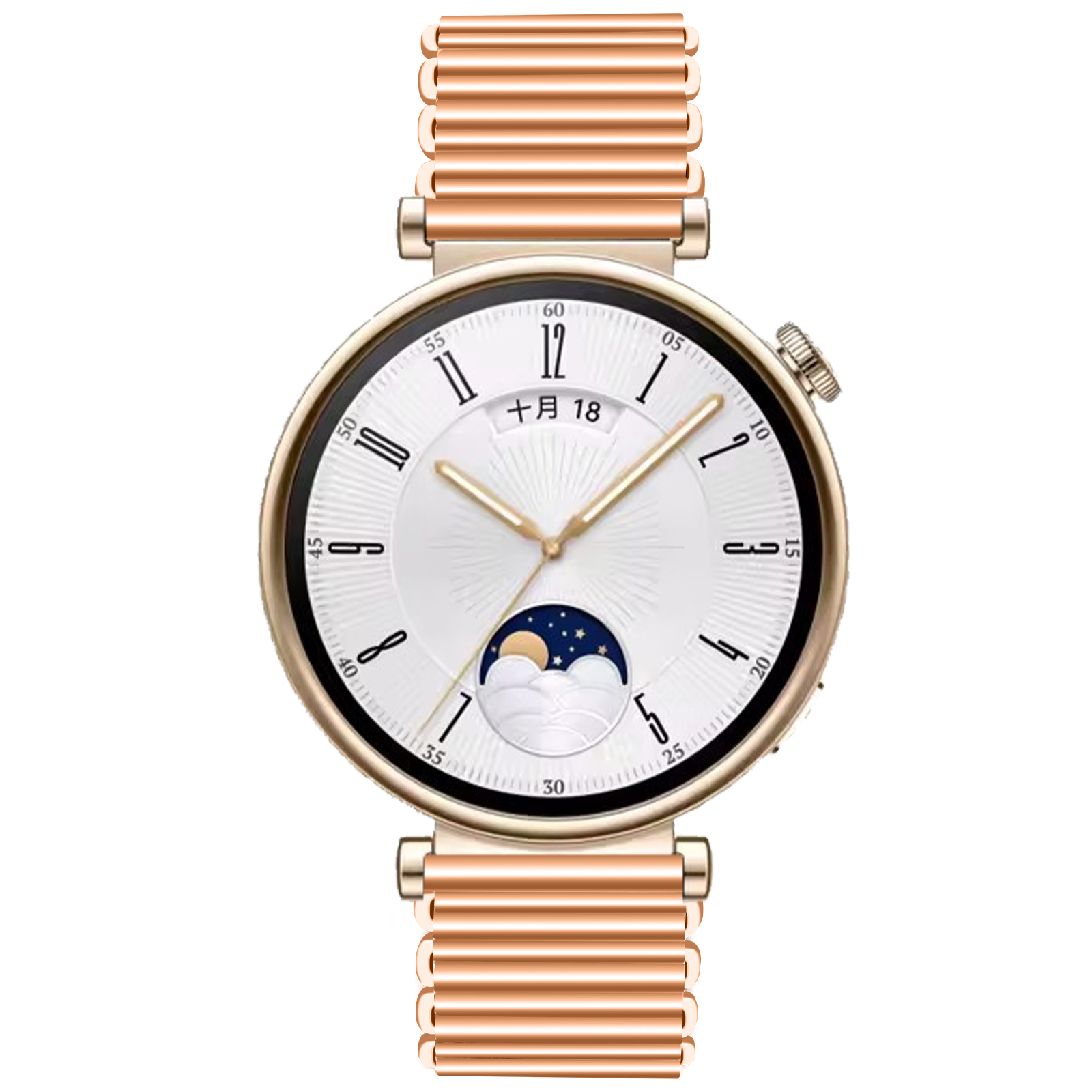 Uno smartwatch dorato con quadrante bianco che mostra data e ora, con cinturino dorato.