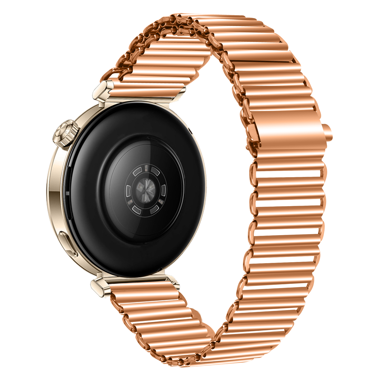 Smartwatch dorato con cinturino in metallo. Il retro dell'orologio è visibile.