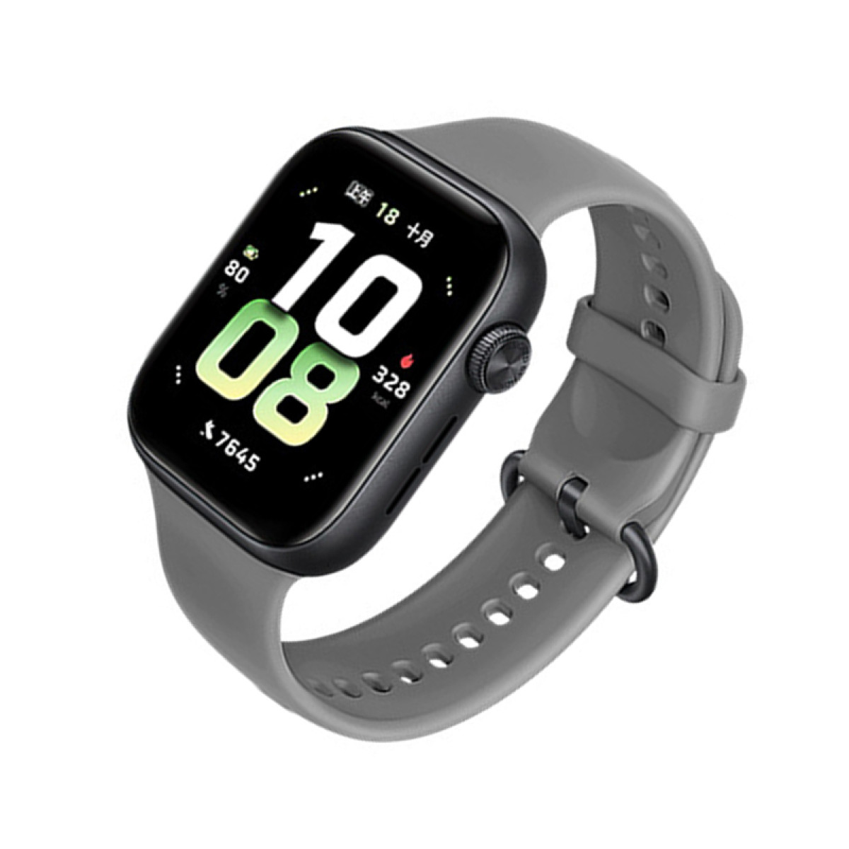 Smartwatch grigio con display nero che mostra ora, passi e frequenza cardiaca, su sfondo bianco.