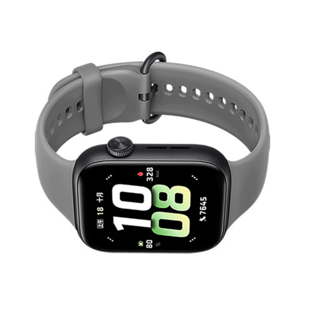 Uno smartwatch grigio con schermo nero. Visualizza la data, l'ora e la percentuale della batteria.