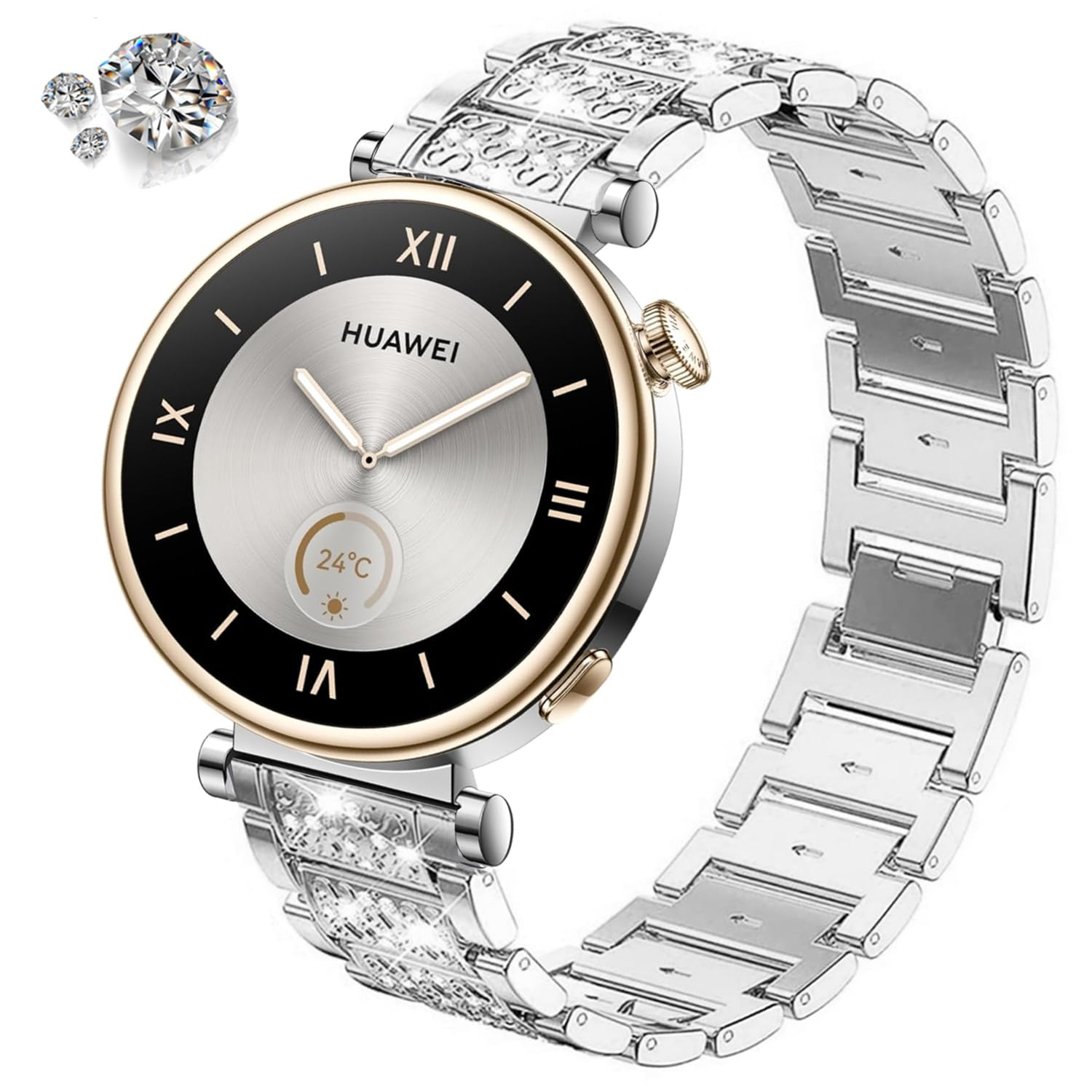 Eine silberne und goldene Smartwatch mit rundem Zifferblatt. Sie zeigt Uhrzeit und Temperatur an. Das Armband hat Strasssteine.