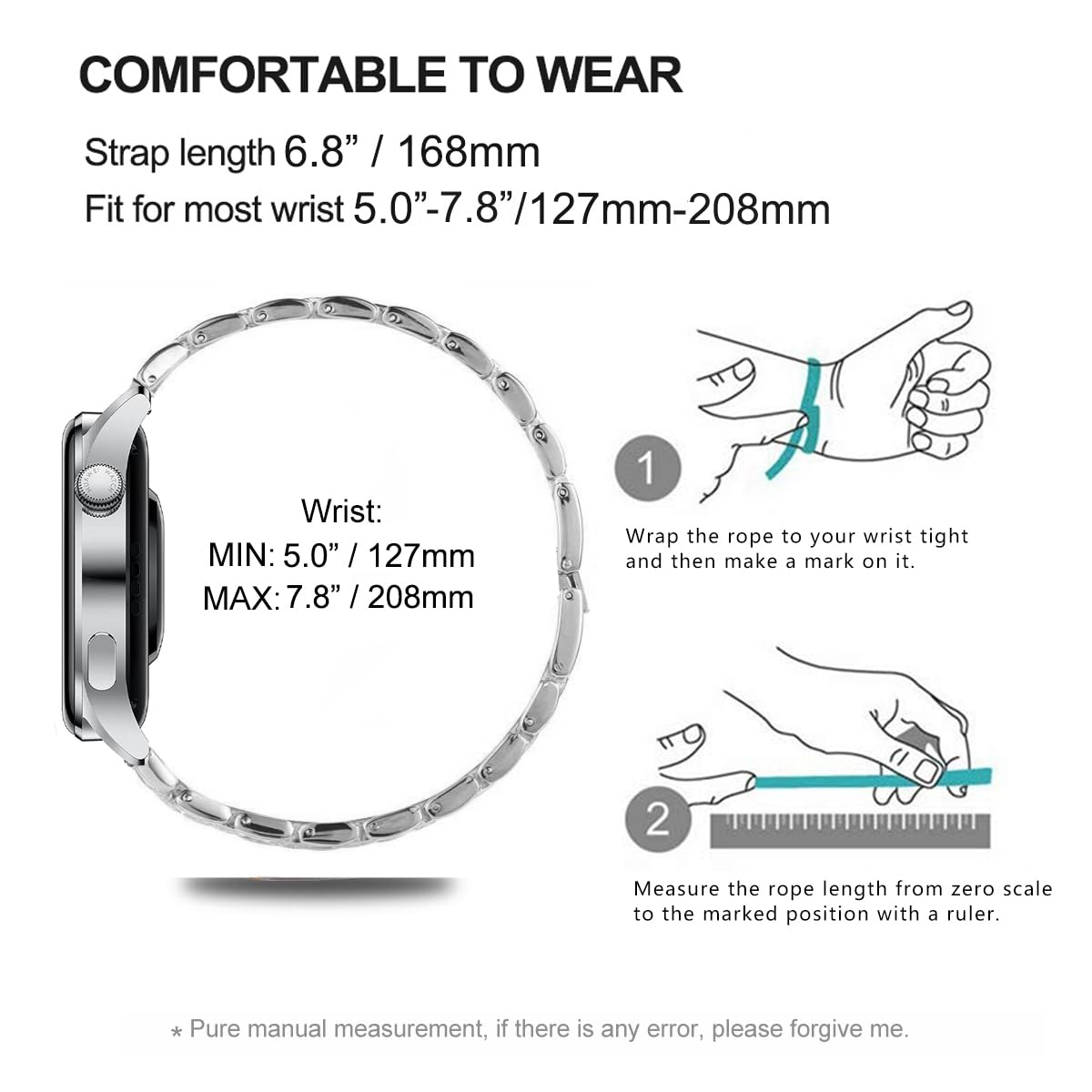 Diagramm zur Messung des Handgelenks für das Uhrenarmband. Text: Angenehm zu tragen.