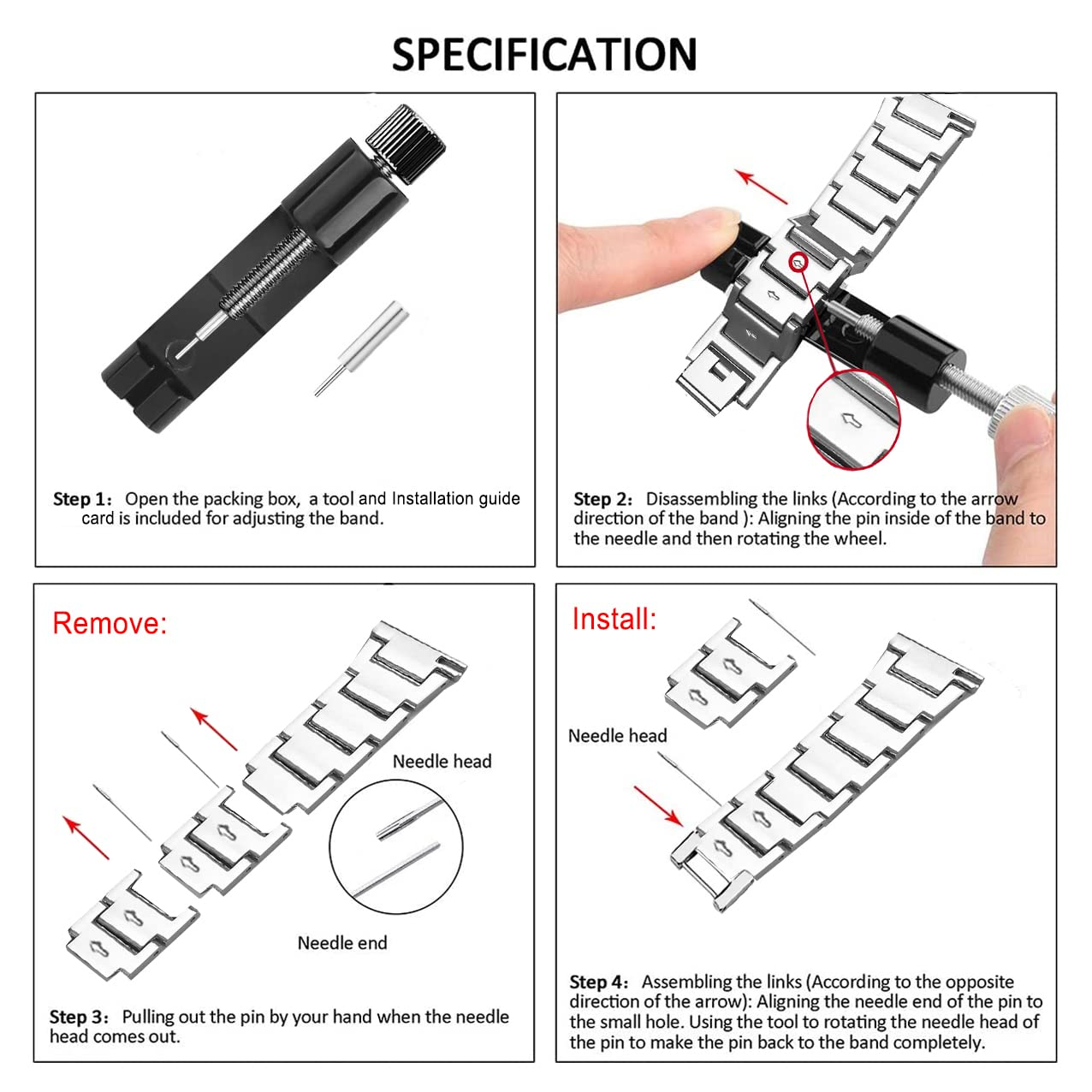 Anleitung zum Anpassen eines Uhrenarmbands, mit Werkzeugen und Diagrammen.