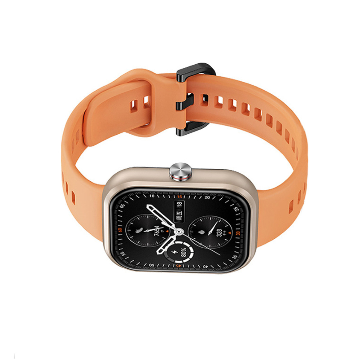 Smartwatch arancione con quadrante quadrato e display nero. Ha un cinturino arancione.