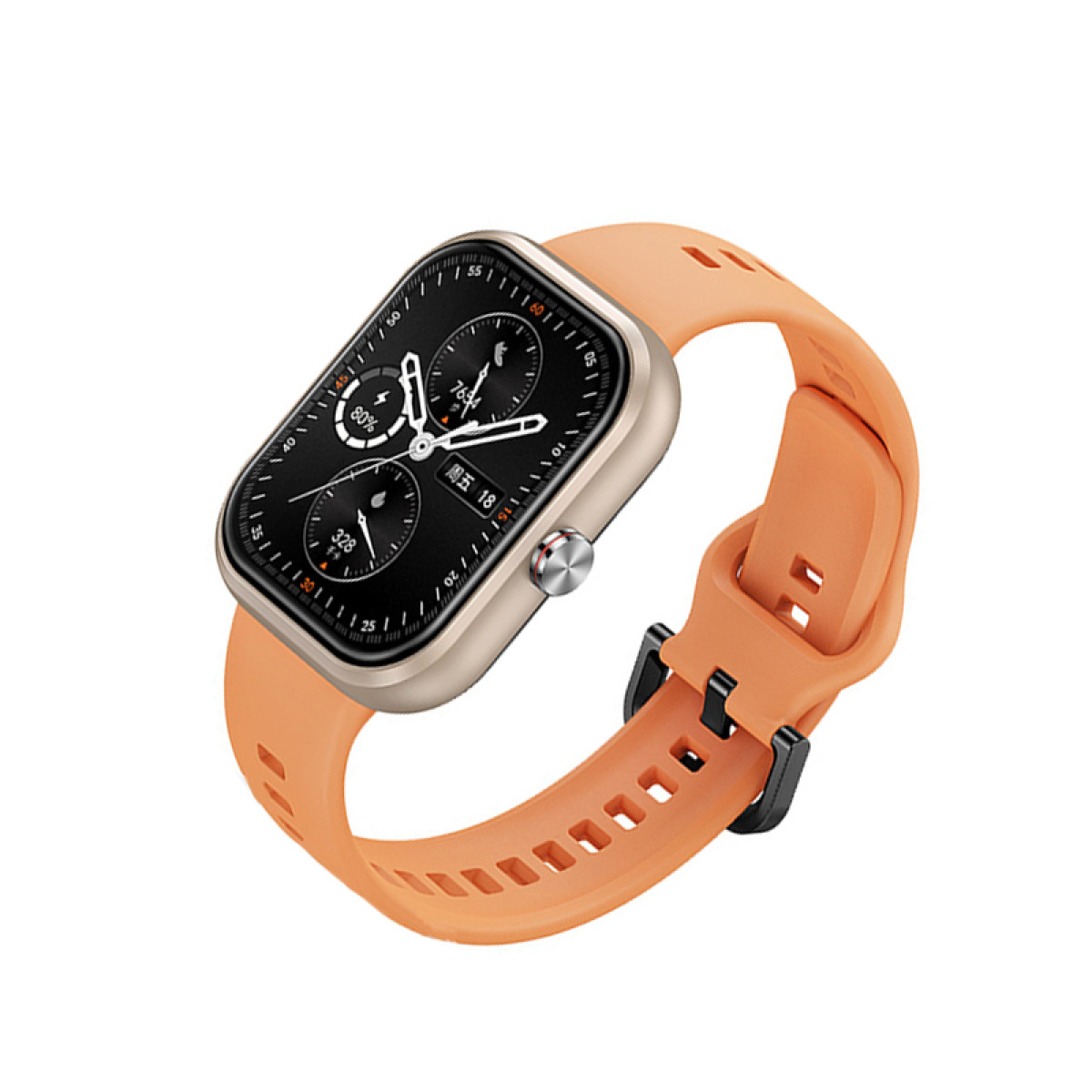 Smartwatch arancione con quadrante quadrato che mostra ora e dati, fibbia nera.