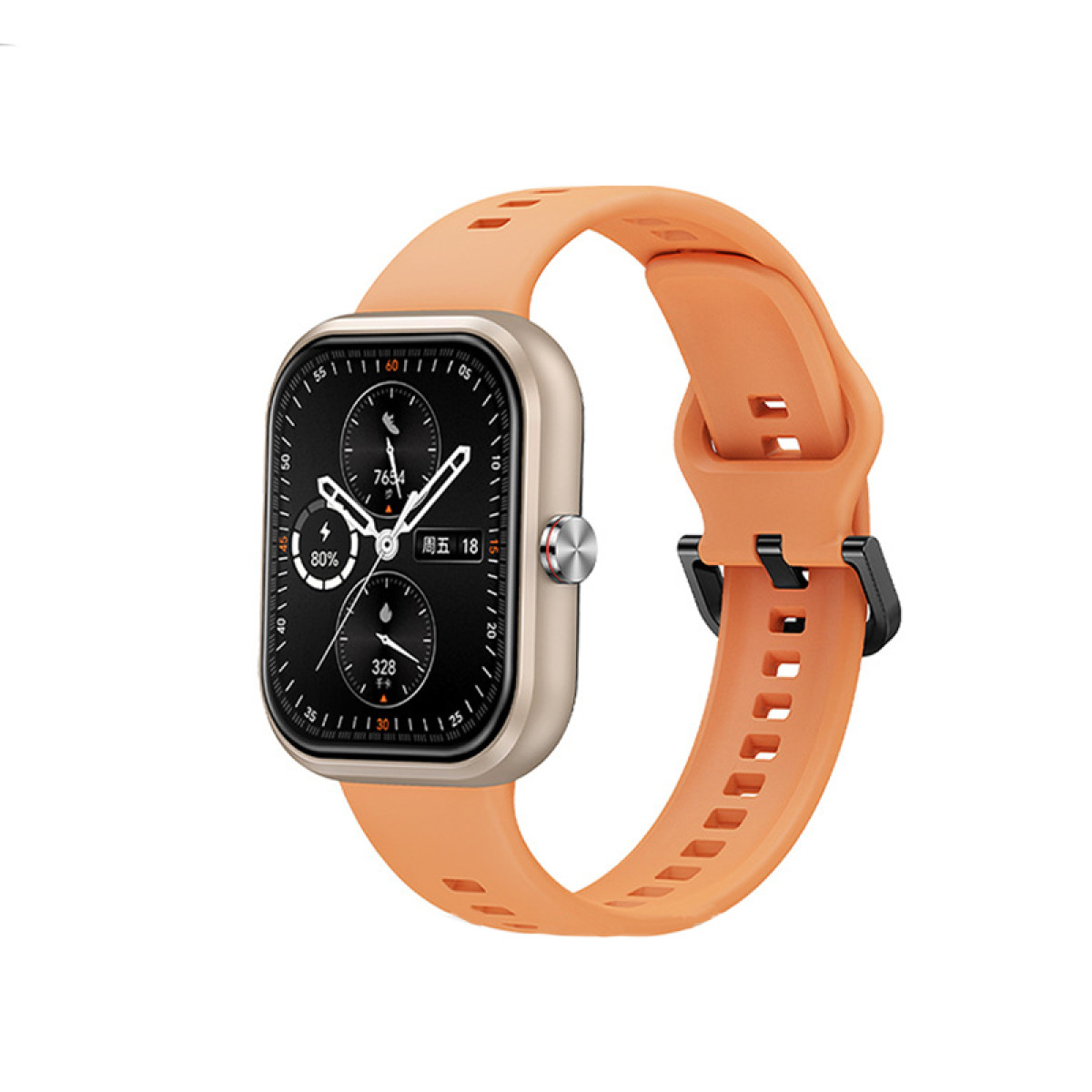 Smartwatch con cinturino arancione, cassa oro, schermo nero mostra dati.
