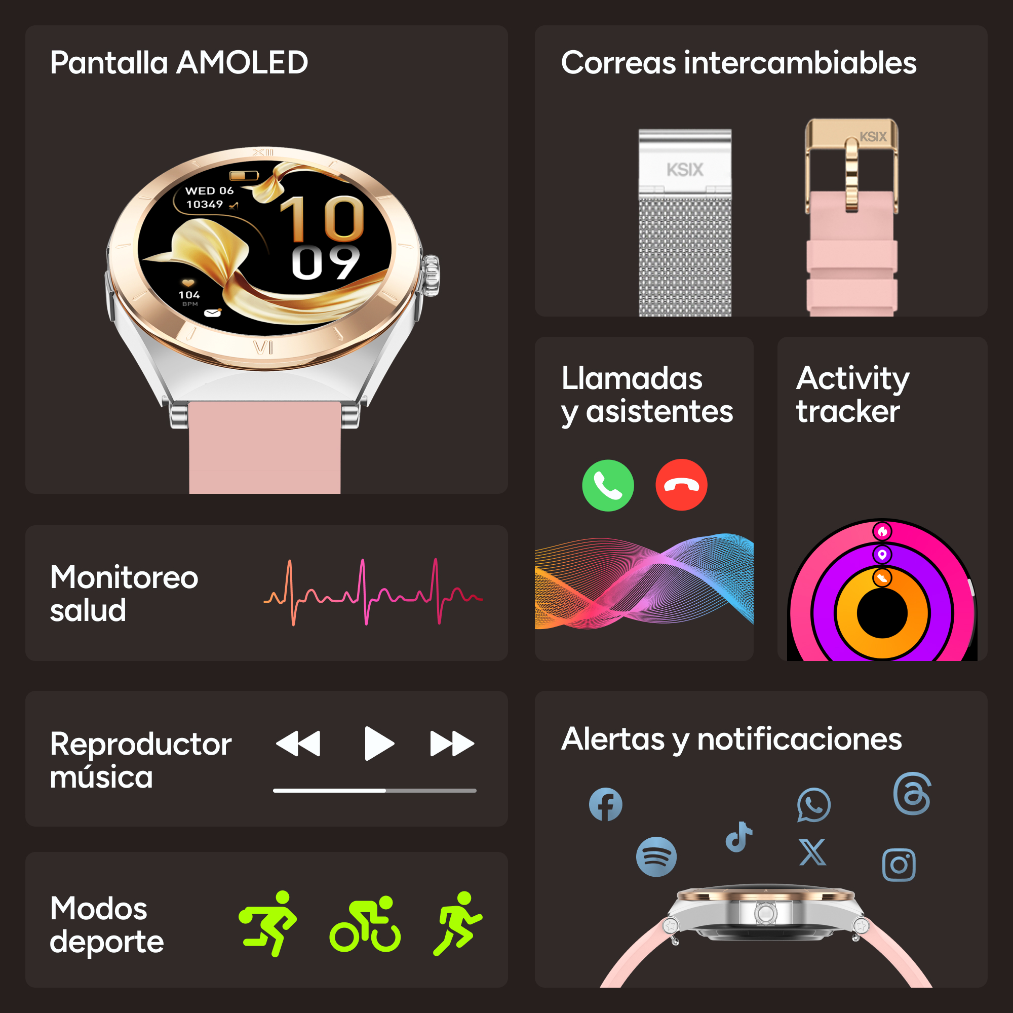 Smartwatch mit rosa Armband, zeigt Gesundheitsdaten und austauschbare Armbänder.