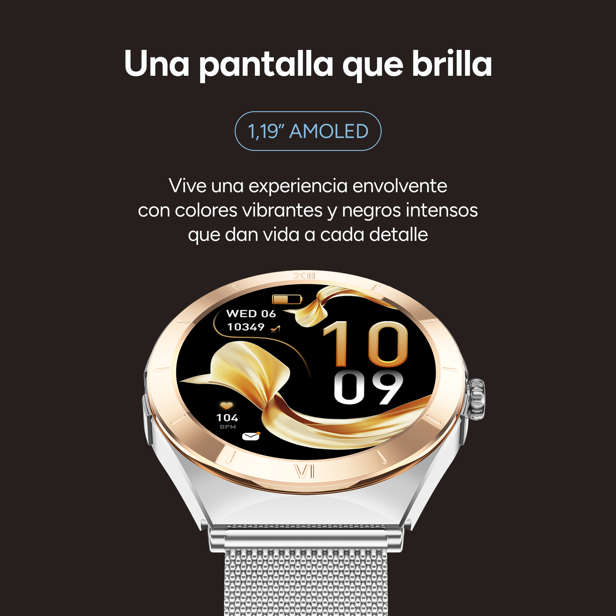 Eine Smartwatch mit rundem Bildschirm, der Zeit und Daten anzeigt. Text um die Uhr herum.