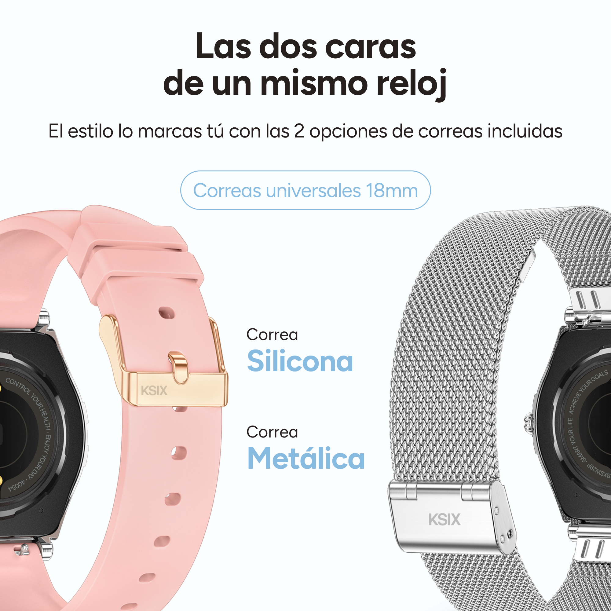 Zwei Smartwatch-Armbänder, rosa Silikon und silberfarbenes Metall, nebeneinander, auf weißem Untergrund.