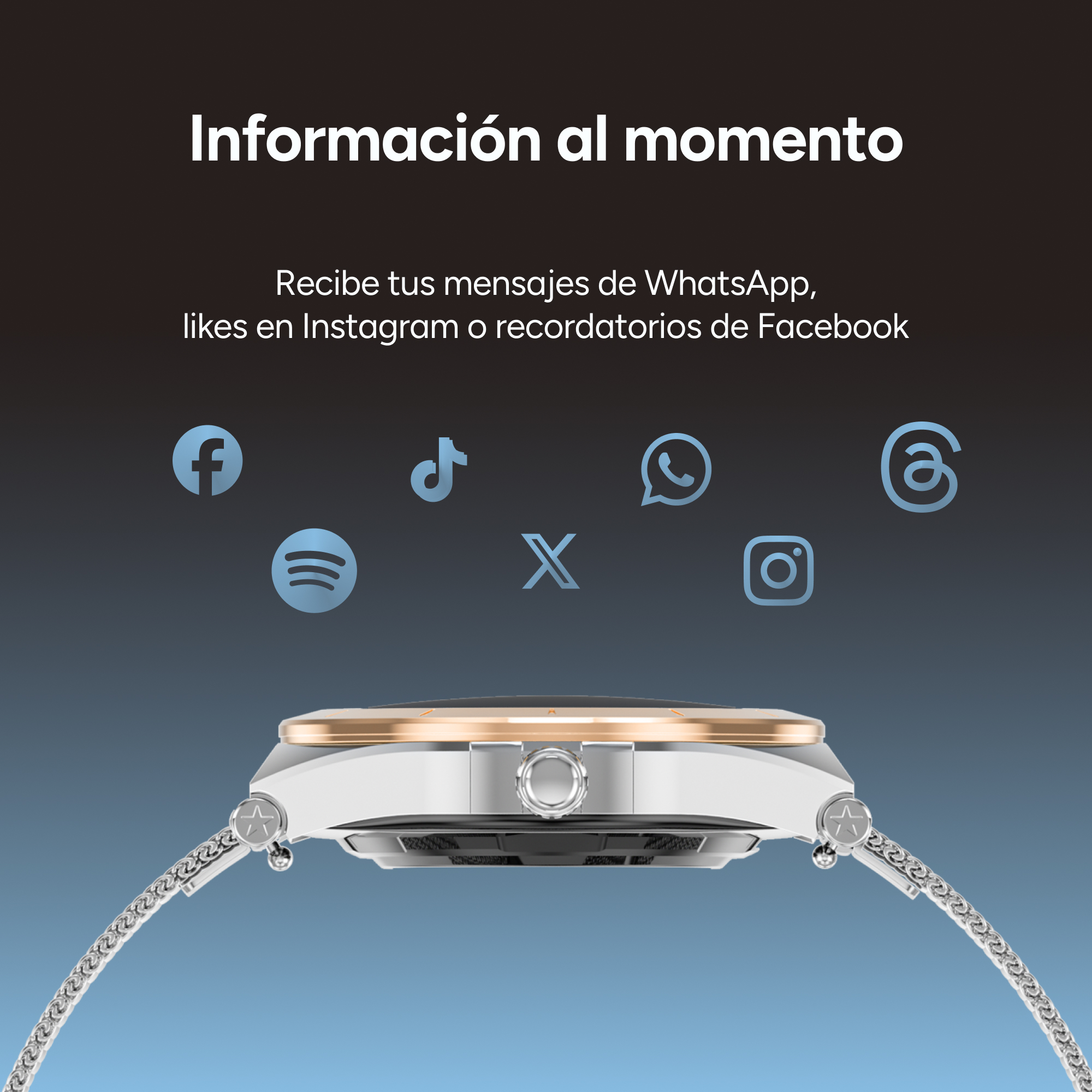 Smartwatch mit Symbolen für Social-Media-Benachrichtigungen. Goldener Rand, silbernes Band und Social-Media-Symbole im Hintergrund.