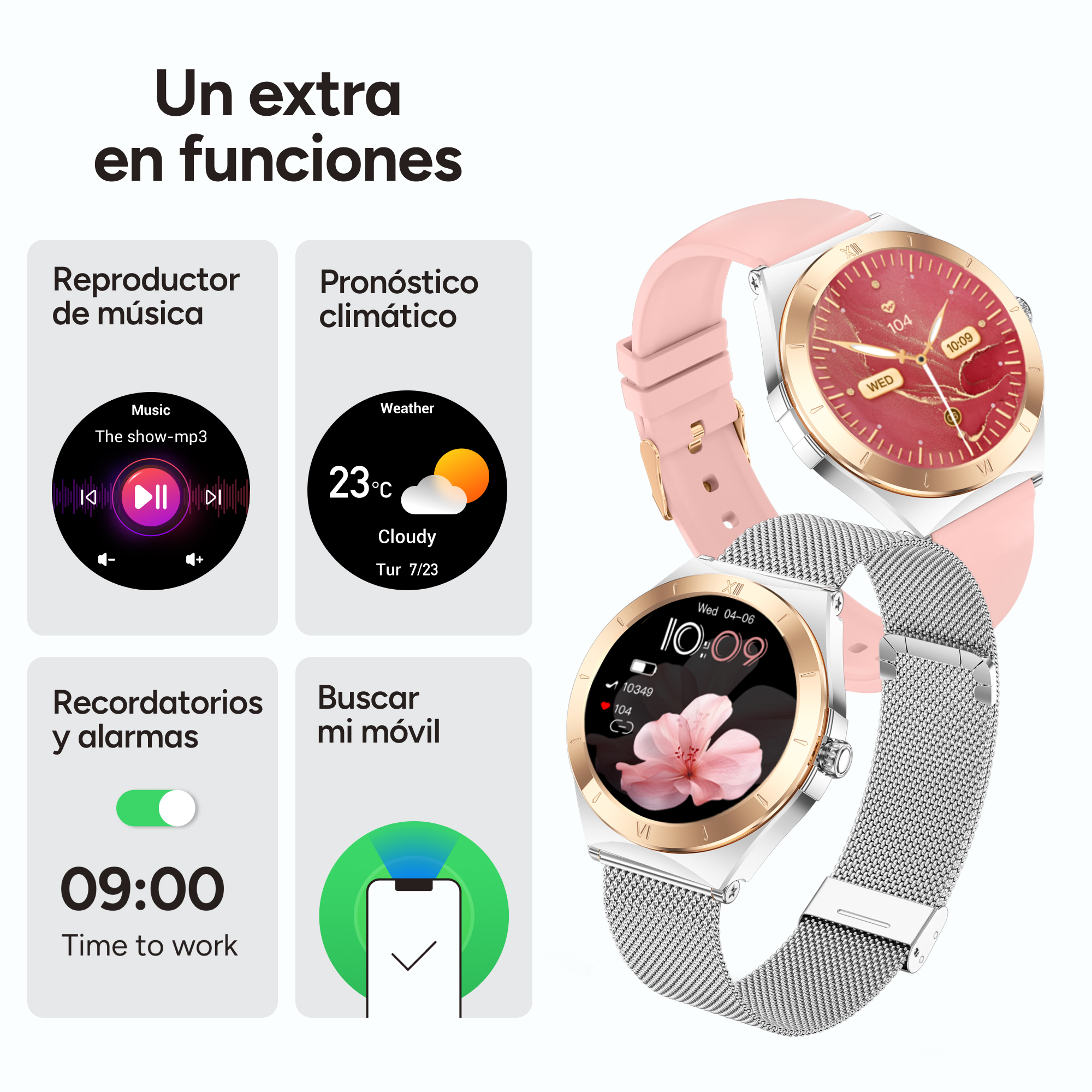 Smartwatches mit Anzeige, die Musik-, Wetter- und Erinnerungsfunktionen zeigt. Weißer Hintergrund.