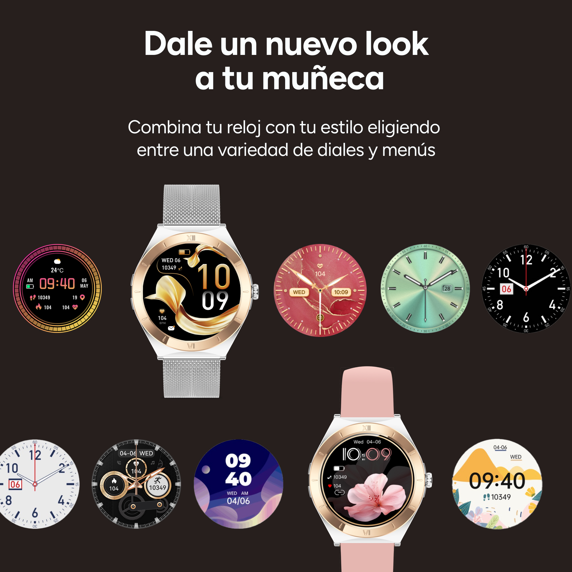 Verschiedene Smartwatch-Zifferblätter auf weißem Hintergrund, mit Text 'GIB DEINEM HANDGELENK EINEN NEUEN LOOK'.