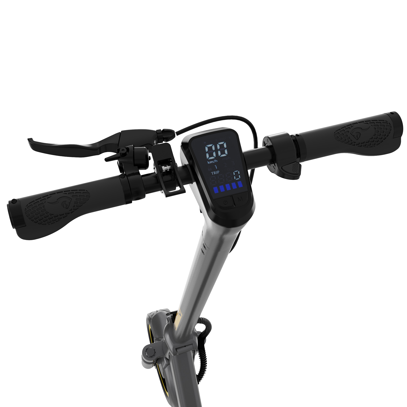 Kierownica hulajnogi elektrycznej, czarne uchwyty, wyświetlacz cyfrowy z prędkością i danymi.