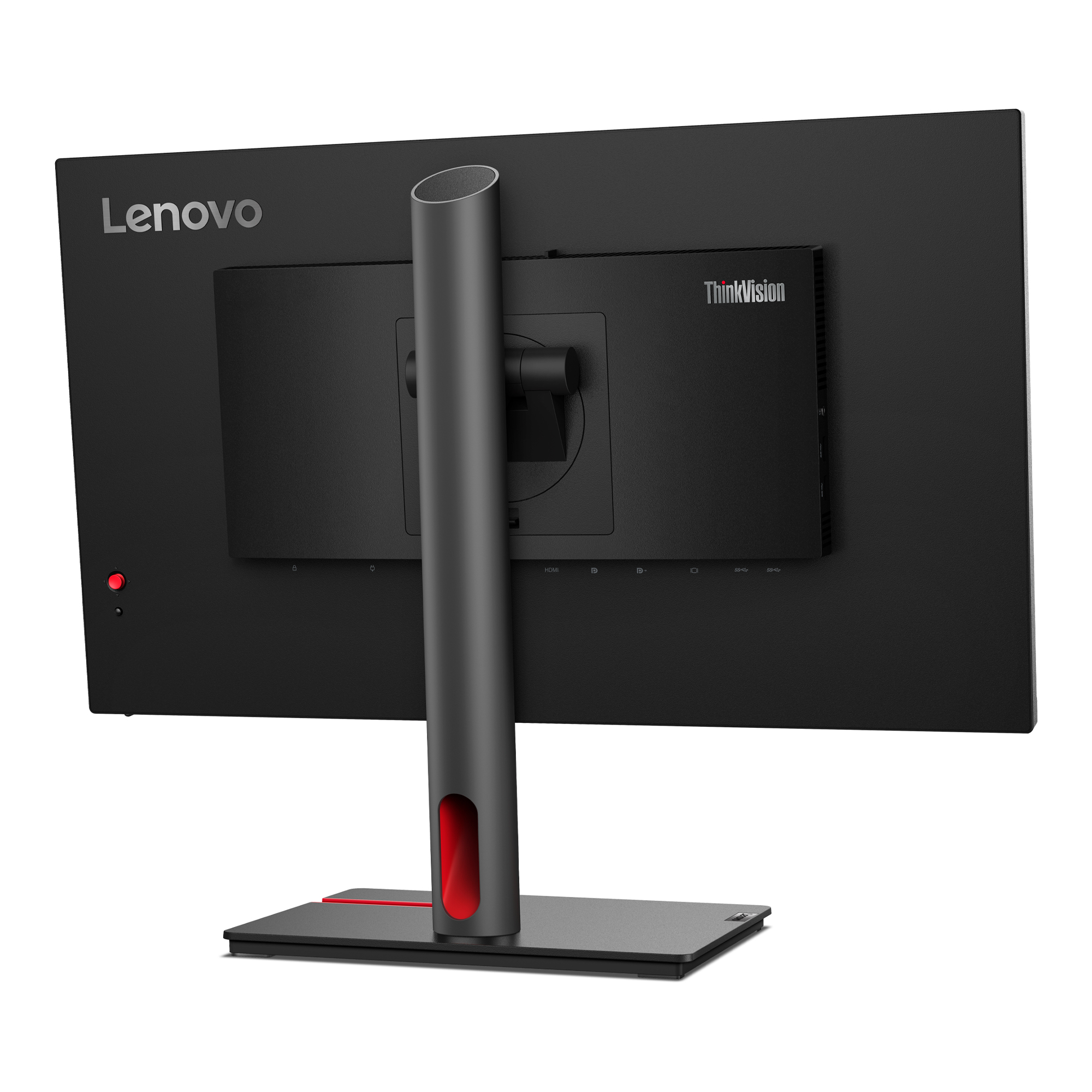Czarny monitor Lenovo od tyłu. Stojak ma czerwony akcent. Tył ma porty.