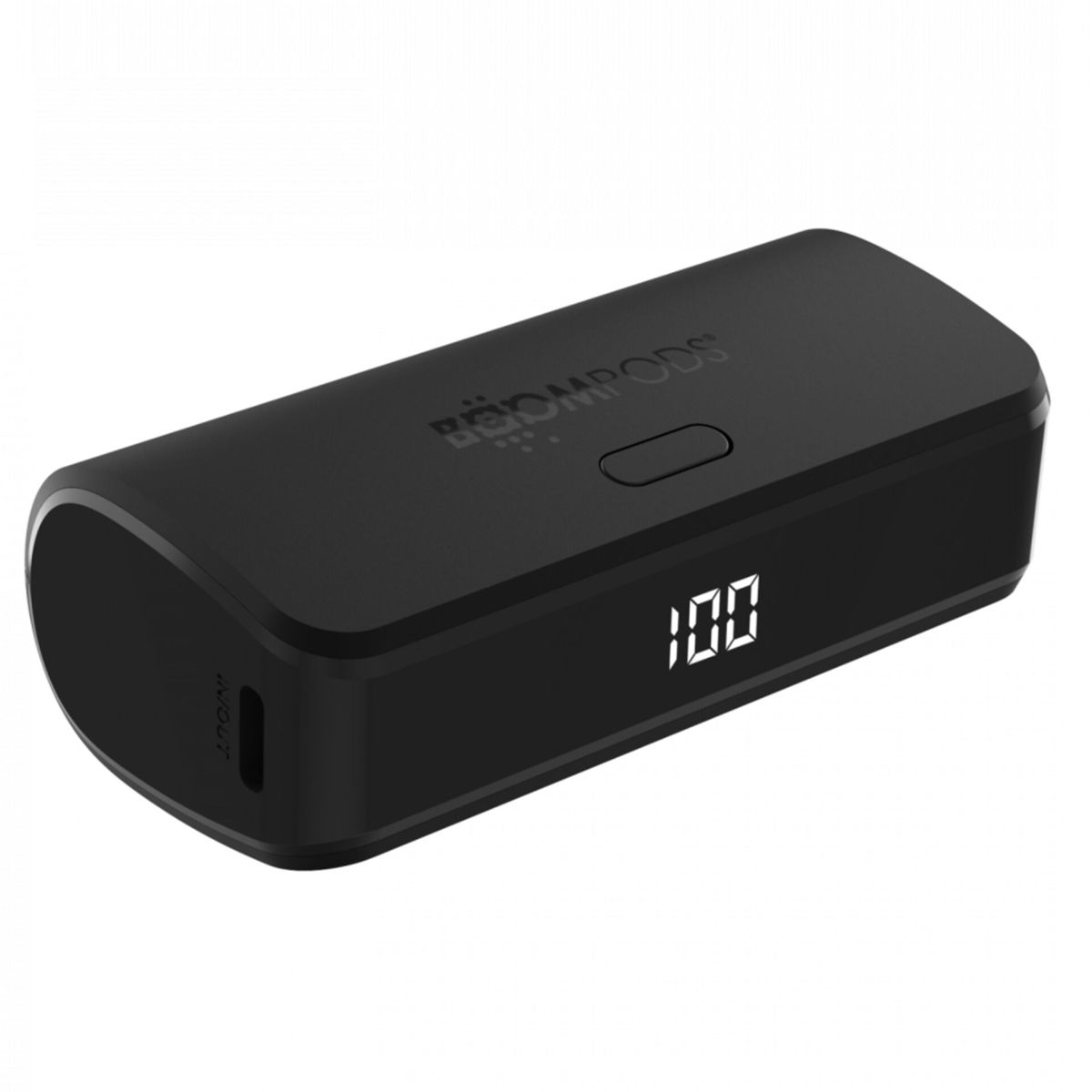 Power bank nero con display digitale 100 e marchio 'boomPODS'.