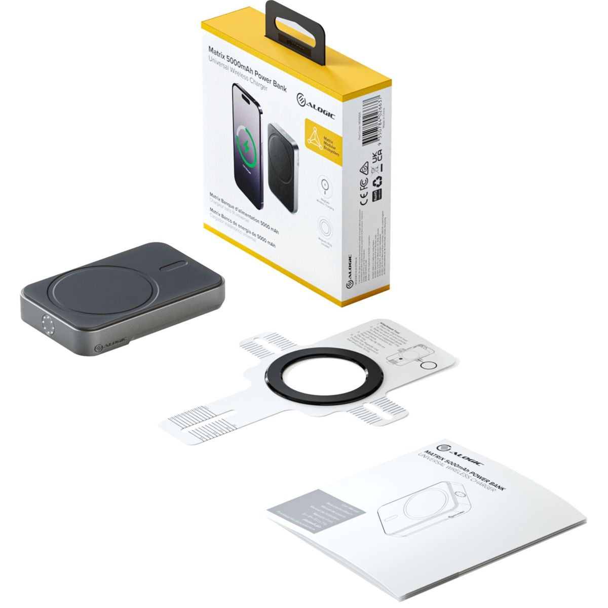 Un power bank e accessori. Include il power bank, un pad di ricarica e una scatola.