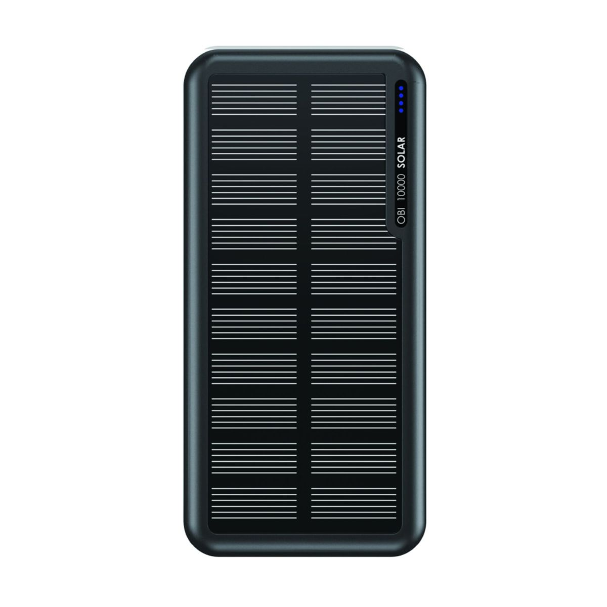 Power bank a pannello solare nero. Forma rettangolare, con più linee di pannelli solari e un indicatore di alimentazione.