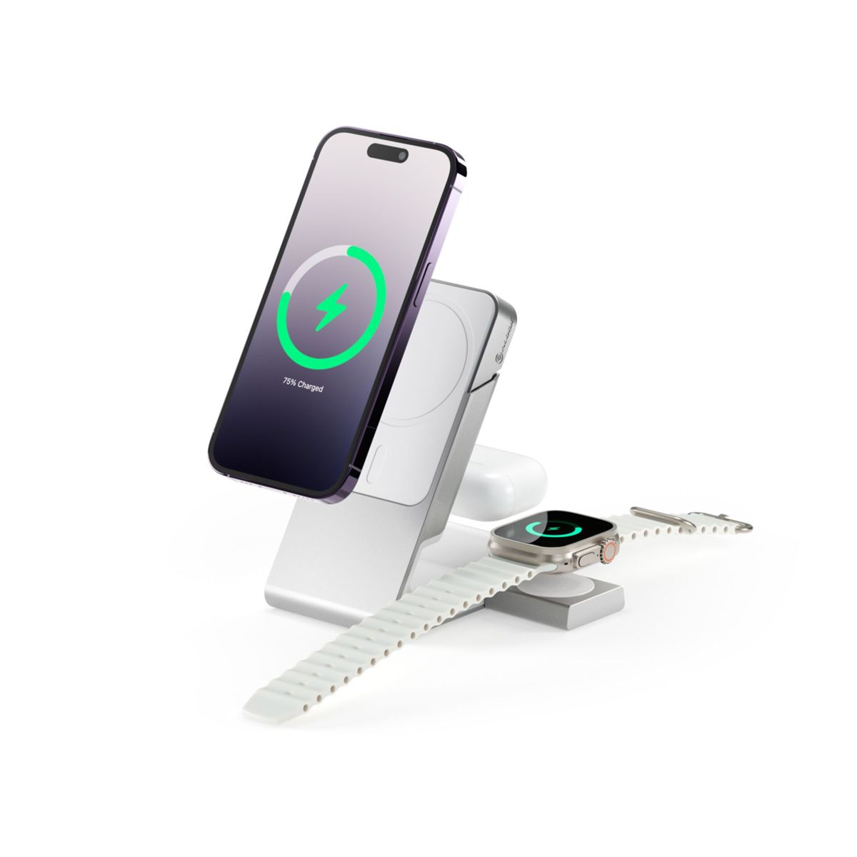Ladestation mit Telefon, Uhr und kabellosen Ohrhörern.