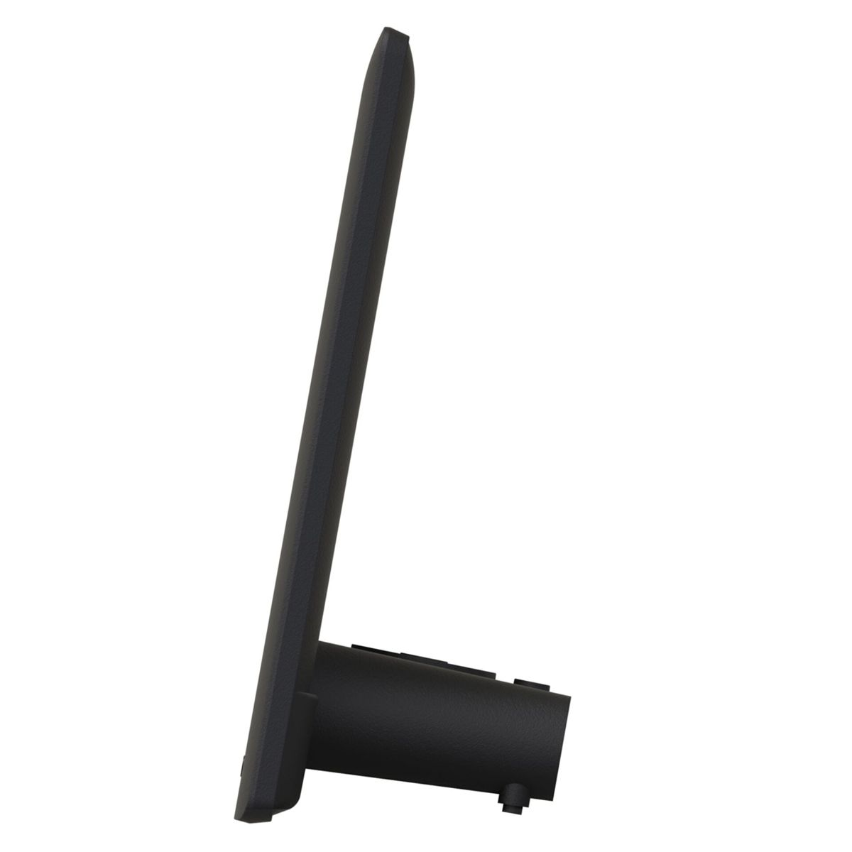 Ein schwarzes Tablet steht aufrecht und wird von der Seite betrachtet. Es hat ein schlankes, minimalistisches Design.