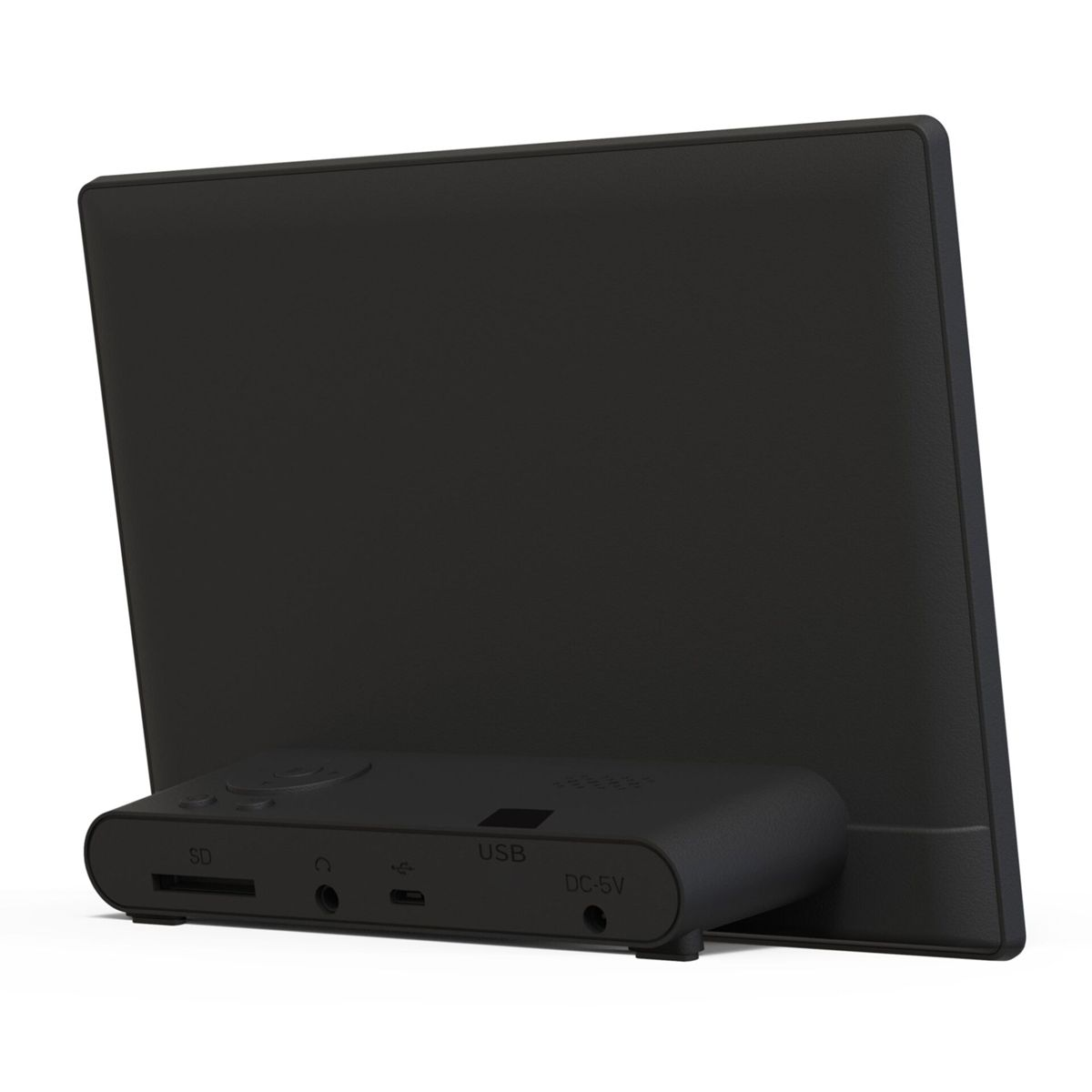 Die Rückseite eines schwarzen digitalen Bilderrahmens mit USB-, SD-Karten- und Stromeingängen.