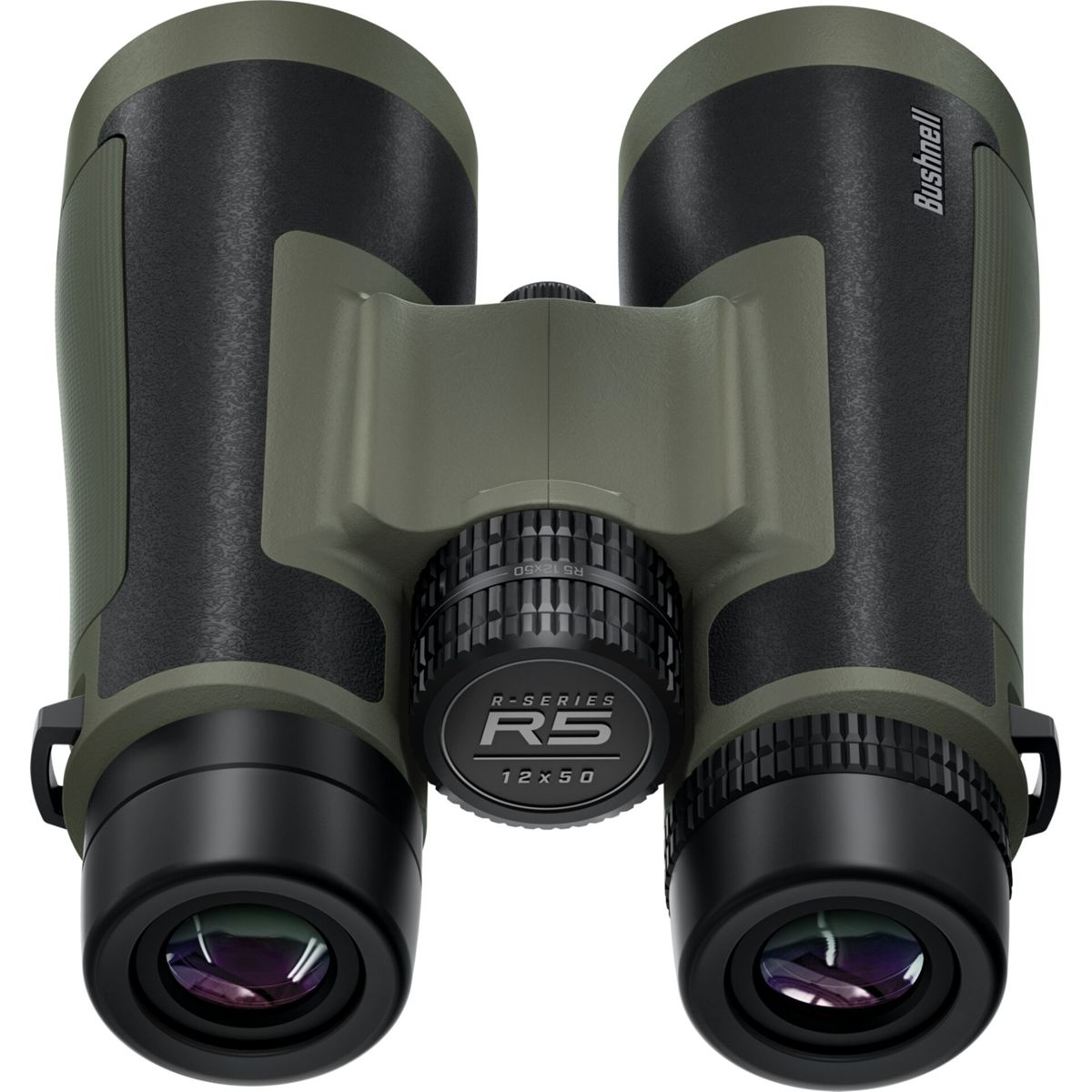 Grünes und schwarzes Fernglas. Das Fernglas ist mit R-Serie R5 12x50 beschriftet. Das Fokusrad ist sichtbar.