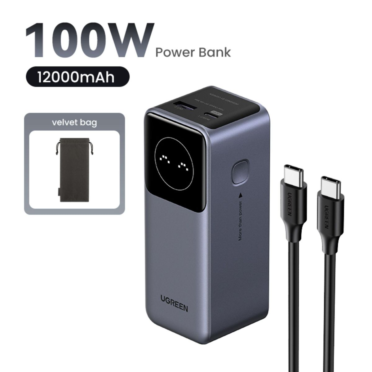 Niebieski power bank z dwoma kablami USB-C, aksamitnym etui i tekstem wskazującym 100W i 12000mAh.