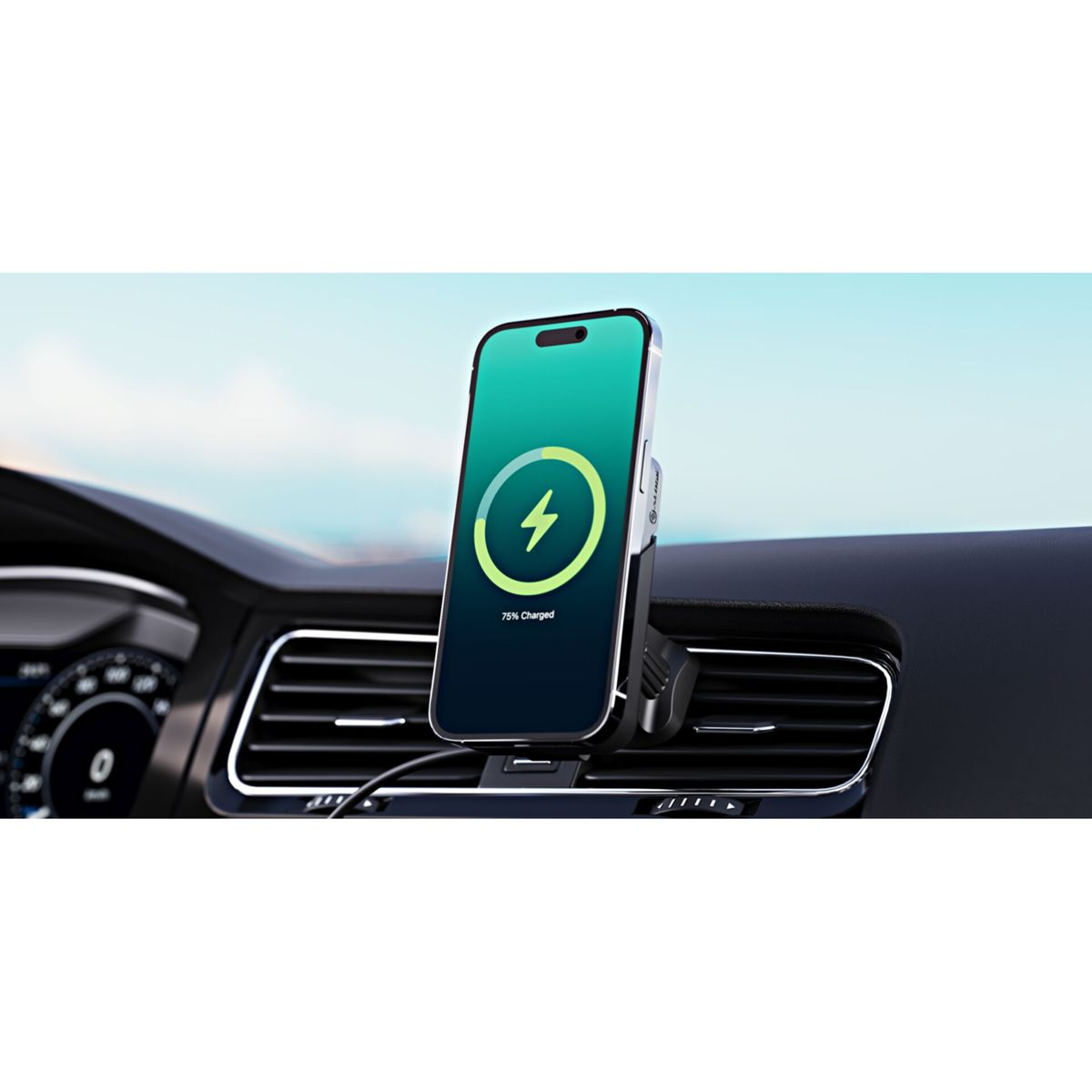 Telefon, das im Auto geladen wird. Der Bildschirm zeigt den Ladestatus: 75% geladen.
