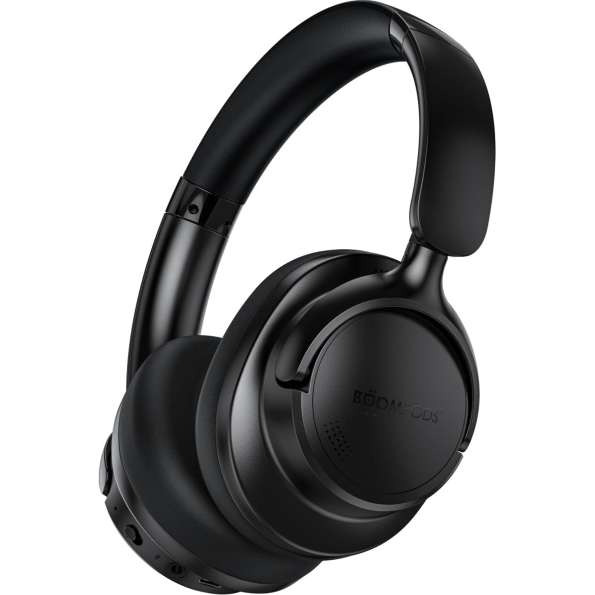 Schwarze BOOMPODS Kopfhörer mit schwarzem Bügel und Ohrmuscheln.