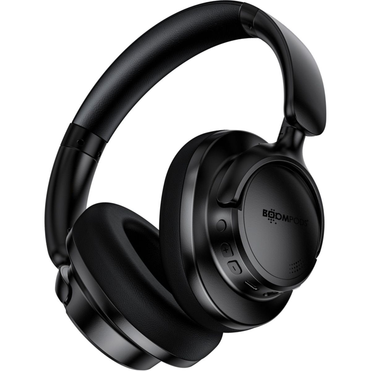 Schwarze Over-Ear-Kopfhörer mit Boompods-Logo auf der Seite. Die Kopfhörer sind auf weißem Hintergrund.