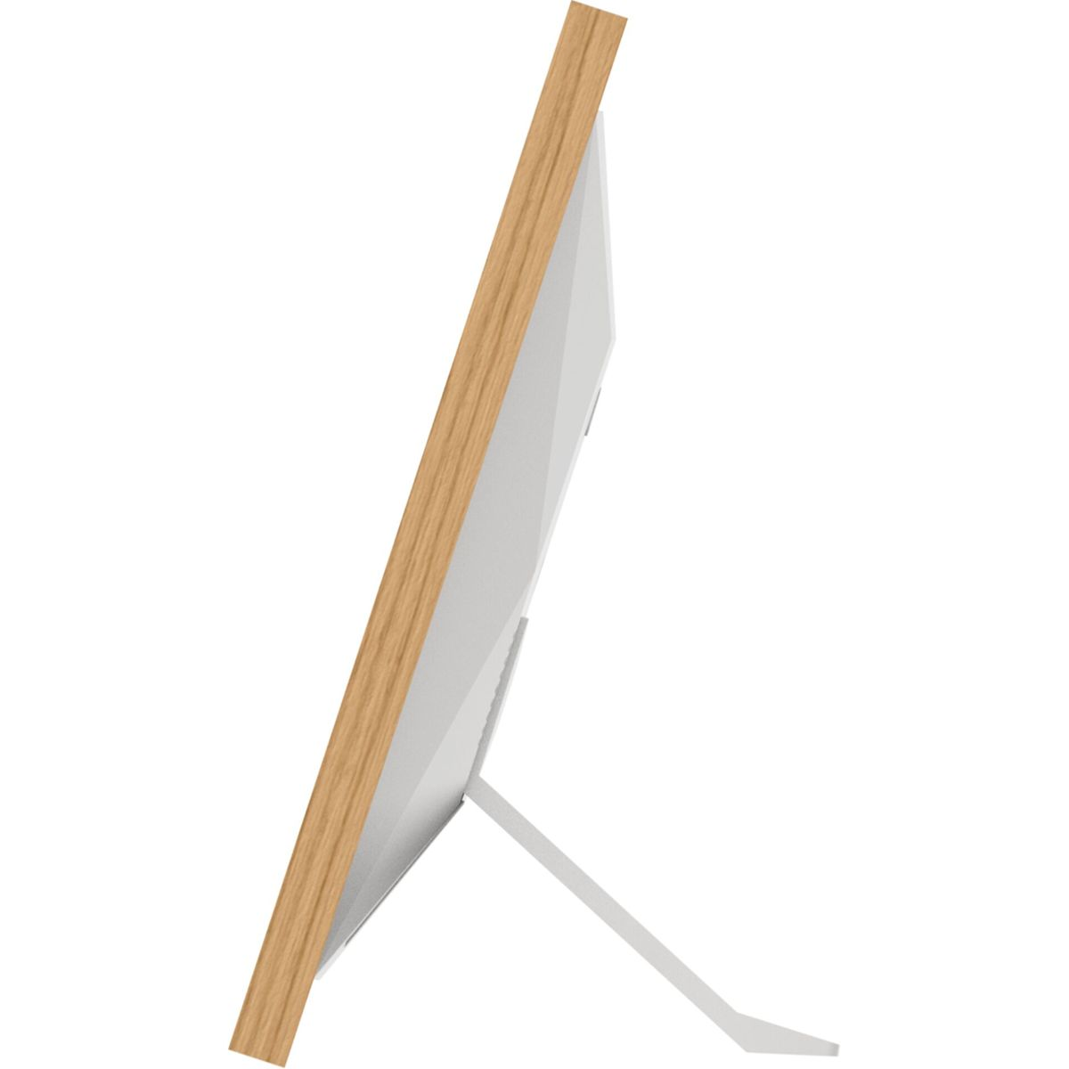 Ein Holzbilderrahmen, Seitenansicht, mit weißem Innenraum und Ständer.