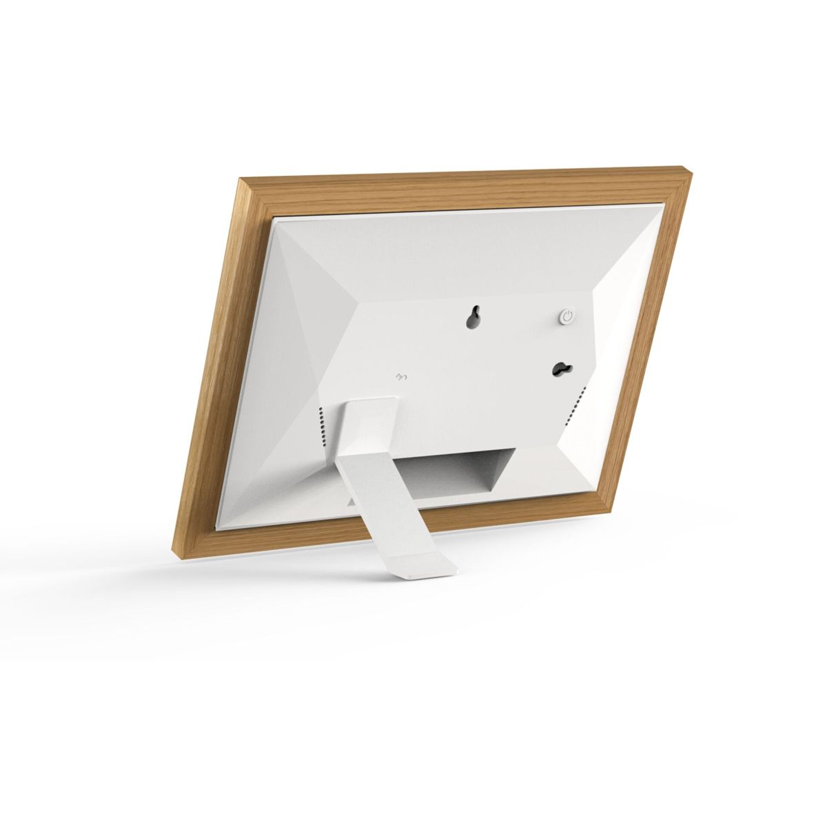 Ein digitaler Bilderrahmen mit Holzrahmen, Rückansicht, mit Ständer.