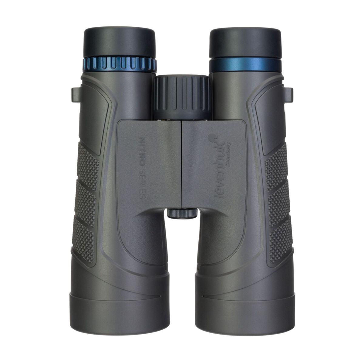 Binocolo con corpo nero e grigio, dettagli blu e il marchio Levenhuk.