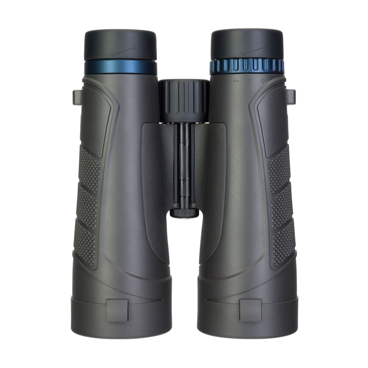 Binocolo. Il corpo è nero con dettagli blu e neri. Sfondo bianco.