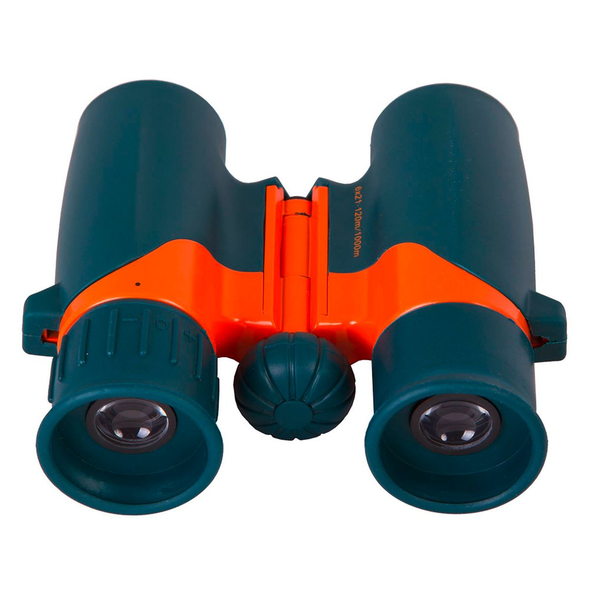 Fernglas mit teal-orangenem Farbschema, auf einen Betrachter gerichtet. Das Fokusrad befindet sich in der Mitte.