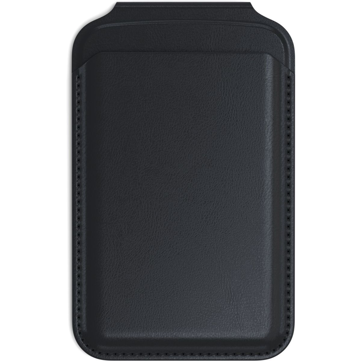 Custodia nera per telefono con tasca. Ha un bordo cucito e un design semplice.