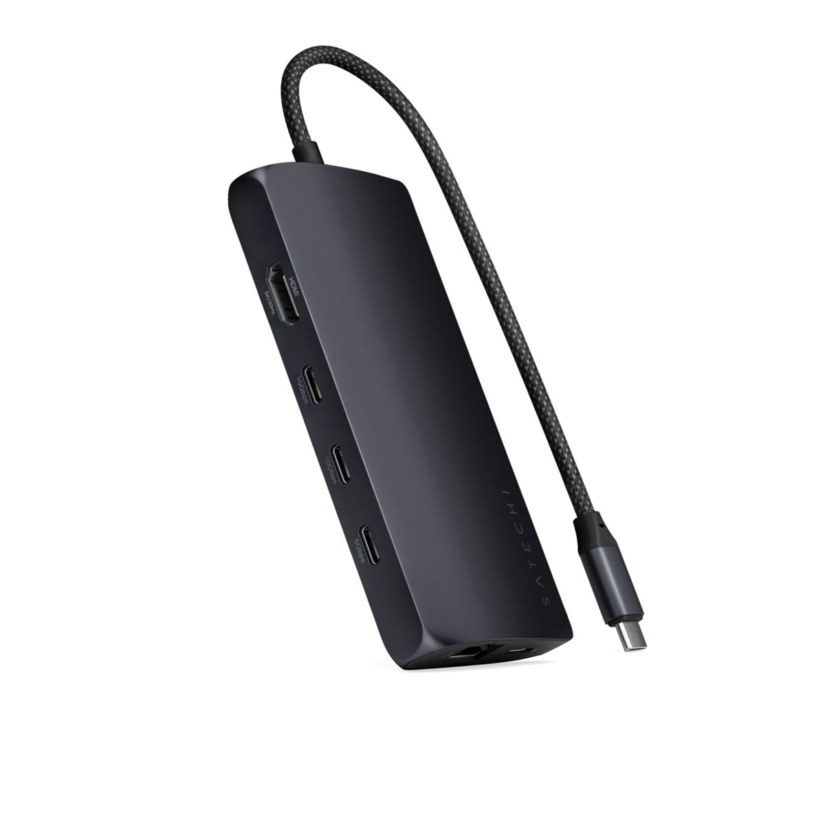 Concentrador USB-C negro con puertos y cable negro a conector USB-C.