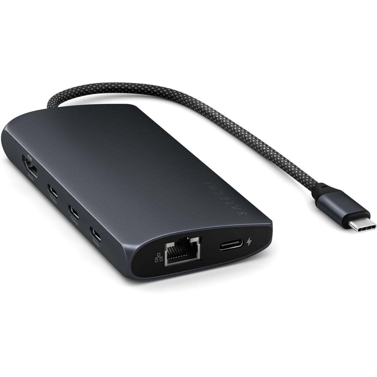 Adaptador multipuerto gris oscuro con cable.