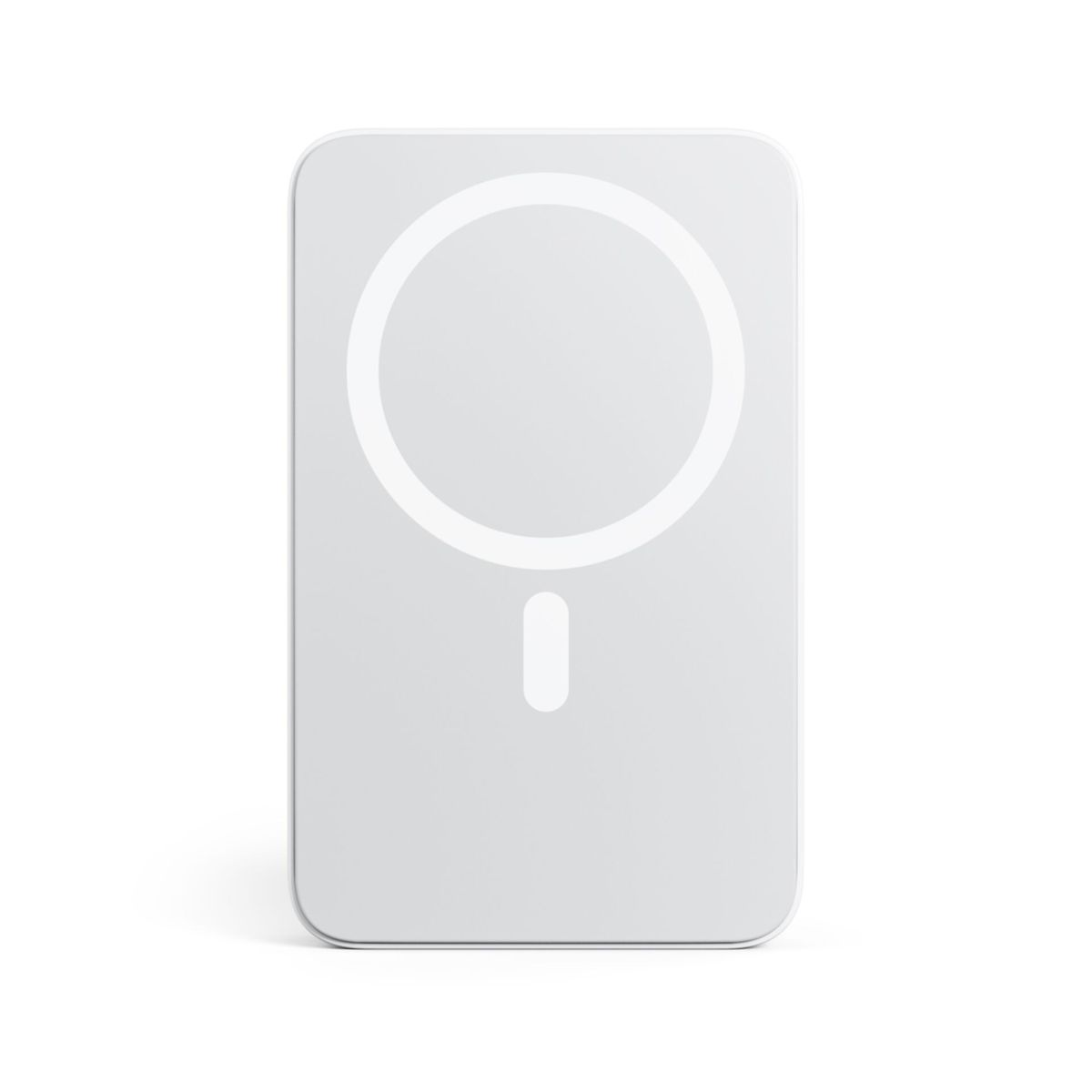 Een witte draadloze oplader met een centrale cirkel en een kleine indicator eronder.