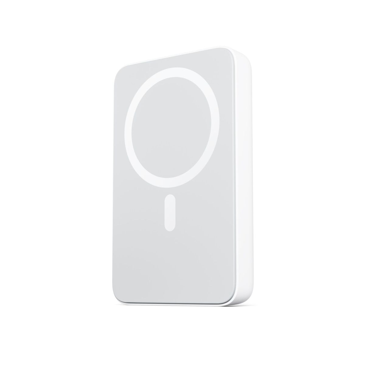 Een witte draadloze oplader met een grijs cirkelvormig oplaadgedeelte. Het heeft een witte rand en een lichtgrijze achterkant.