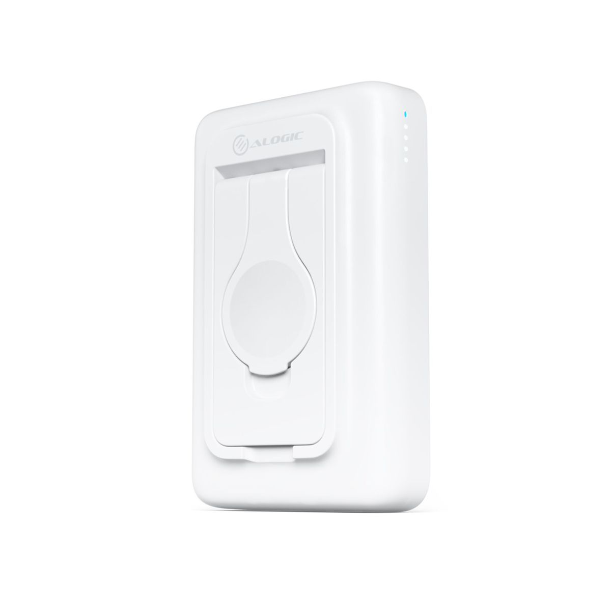 Een wit oplaadstation voor een smartwatch, met sleuf en logo.