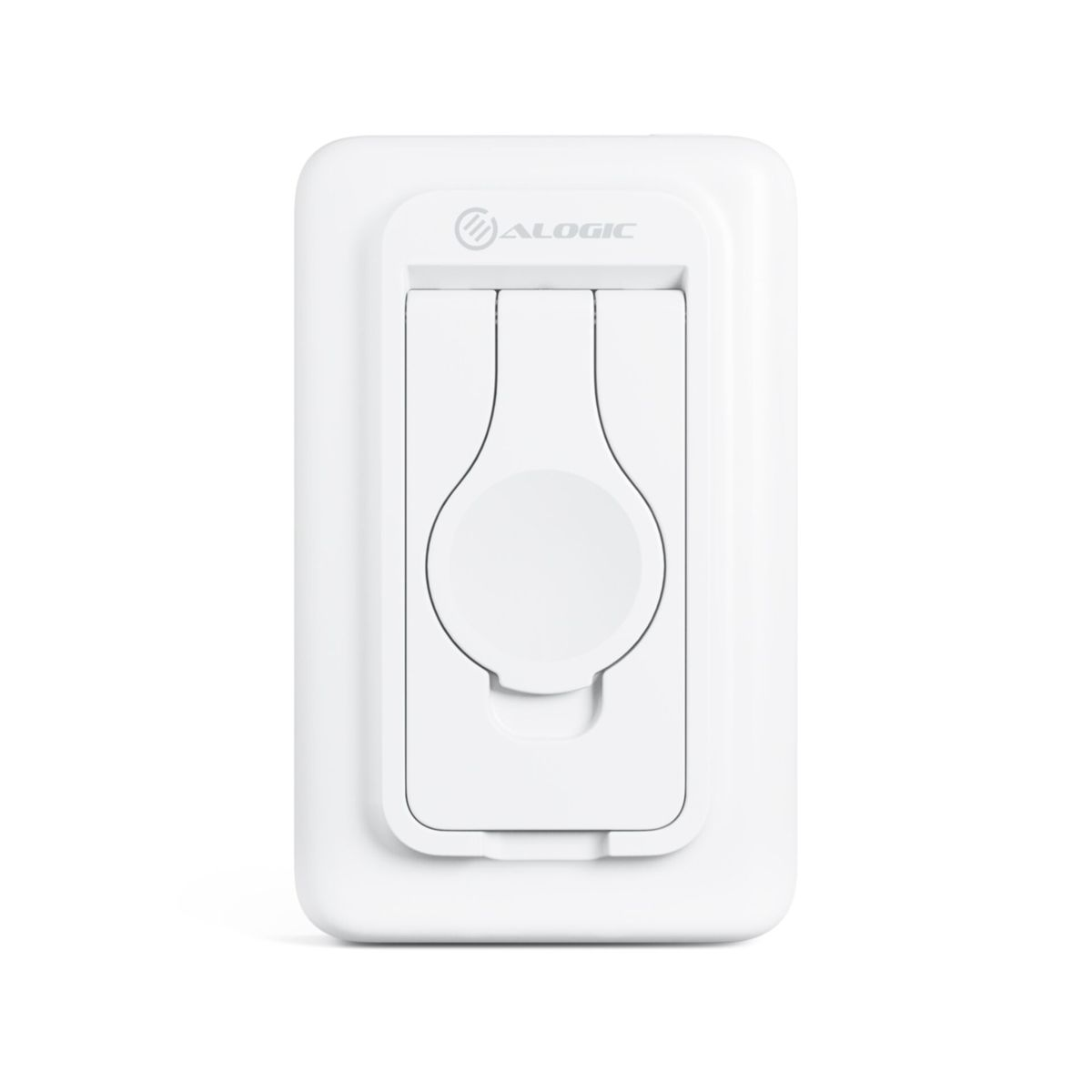 Witte Apple Watch-oplader met het merk ALOGIC. De oplader staat op een wit oppervlak.