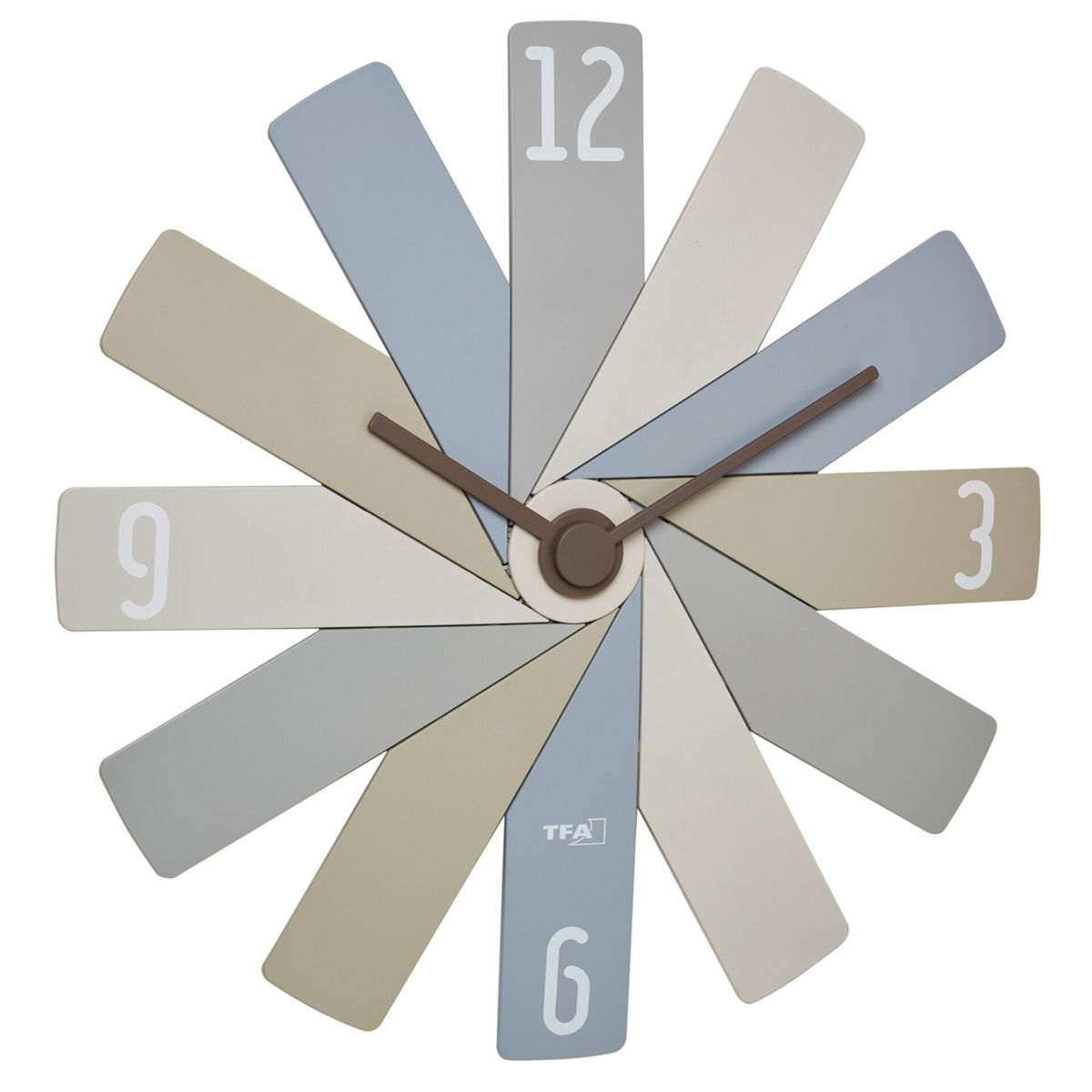 Uhr mit mehrfarbigen Zeigern, mit den Zahlen 3, 6, 9 und 12. Weißer Hintergrund.