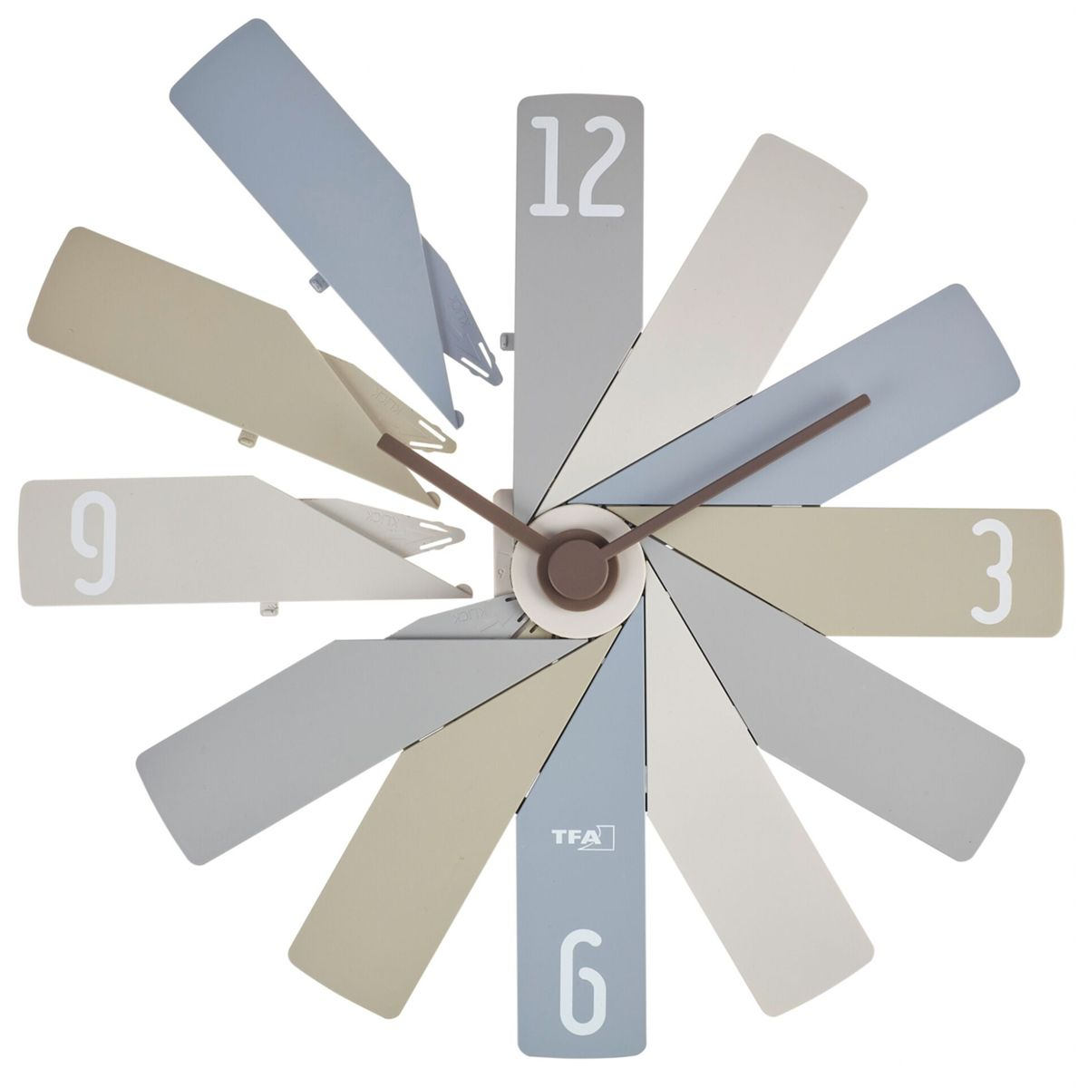 Ein modernes Uhrdesign mit Pastellfarben, mit den Zahlen 12, 3, 6 und 9 sichtbar.