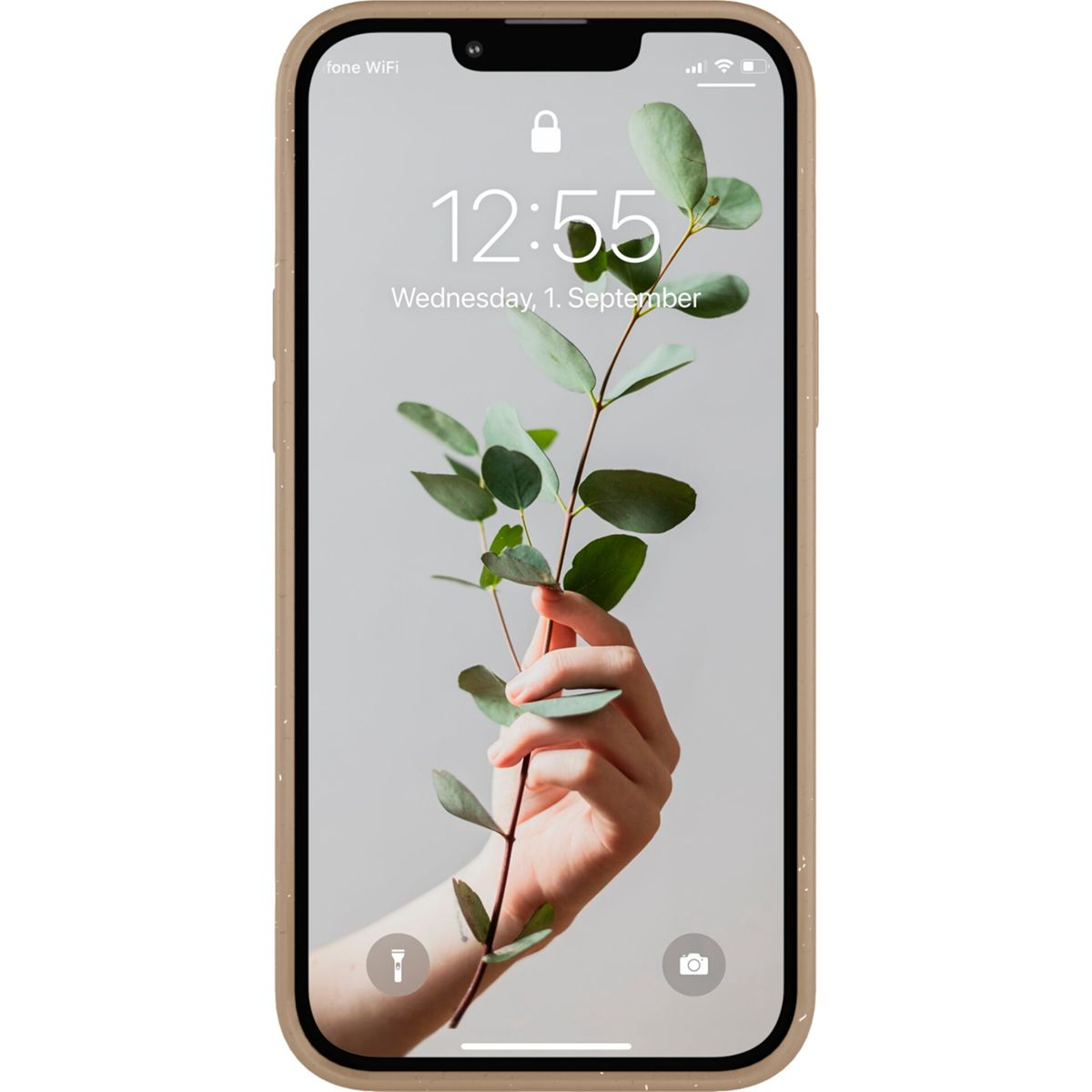 Eine Hand, die einen Eukalyptuszweig hält, auf einem Telefonbildschirm mit Uhrzeit und Datum, in einer Hülle.