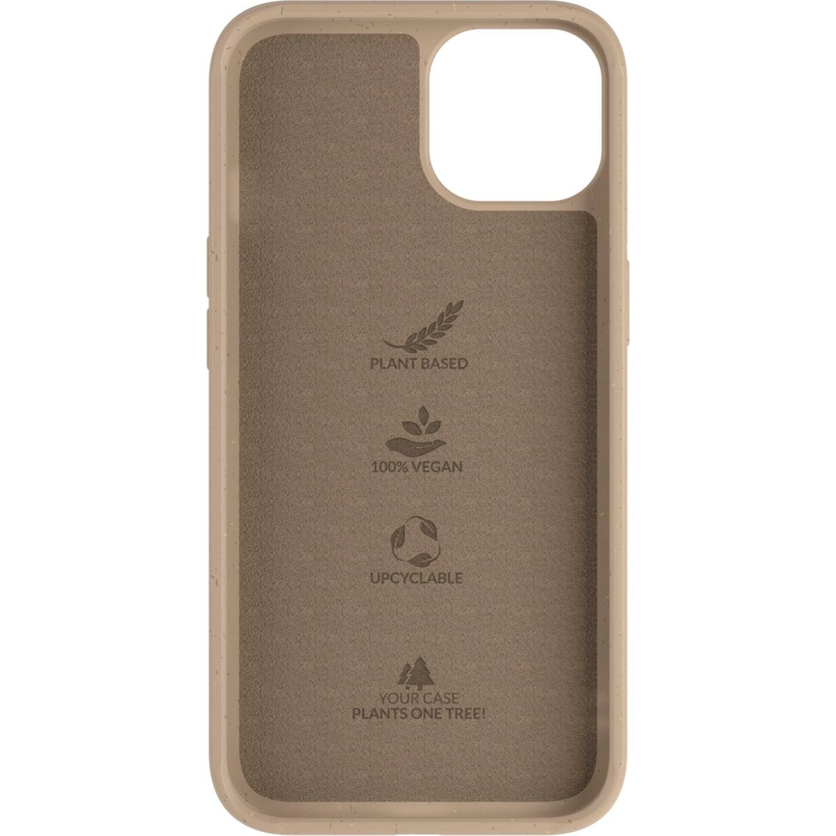 Beige Handyhülle mit veganen und recycelbaren Etiketten und den Worten: 'Your case plants one tree!'