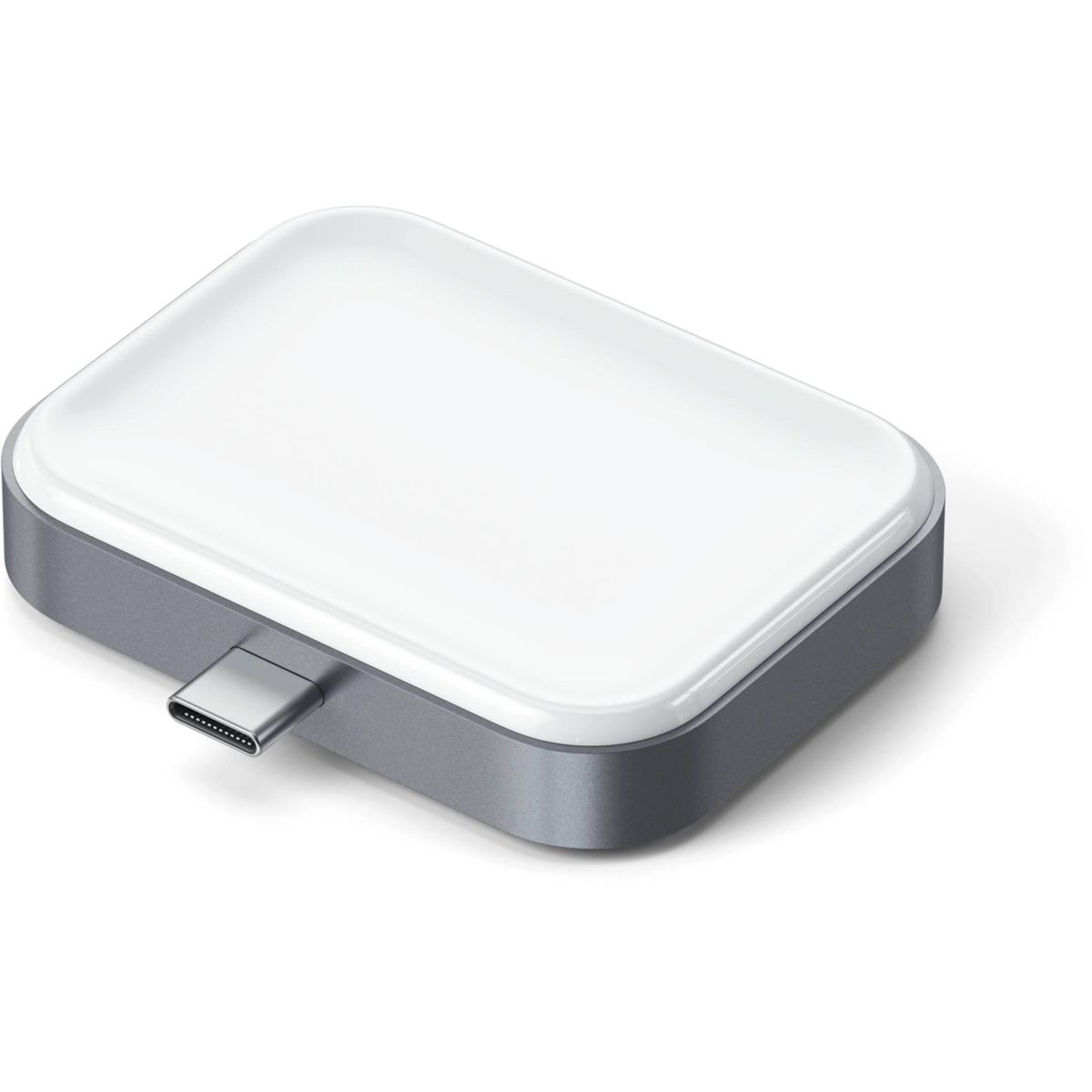 Un piccolo dispositivo rettangolare argentato con una parte superiore bianca e una porta USB-C su un'estremità.