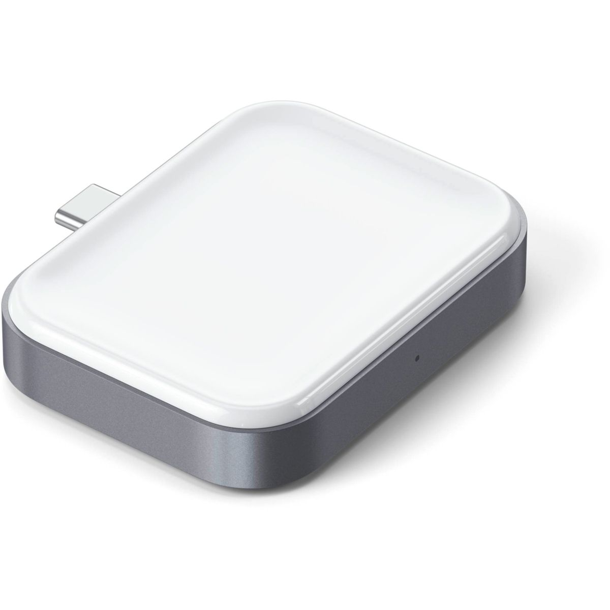 Un dispositivo rettangolare bianco e grigio con una porta USB-C.